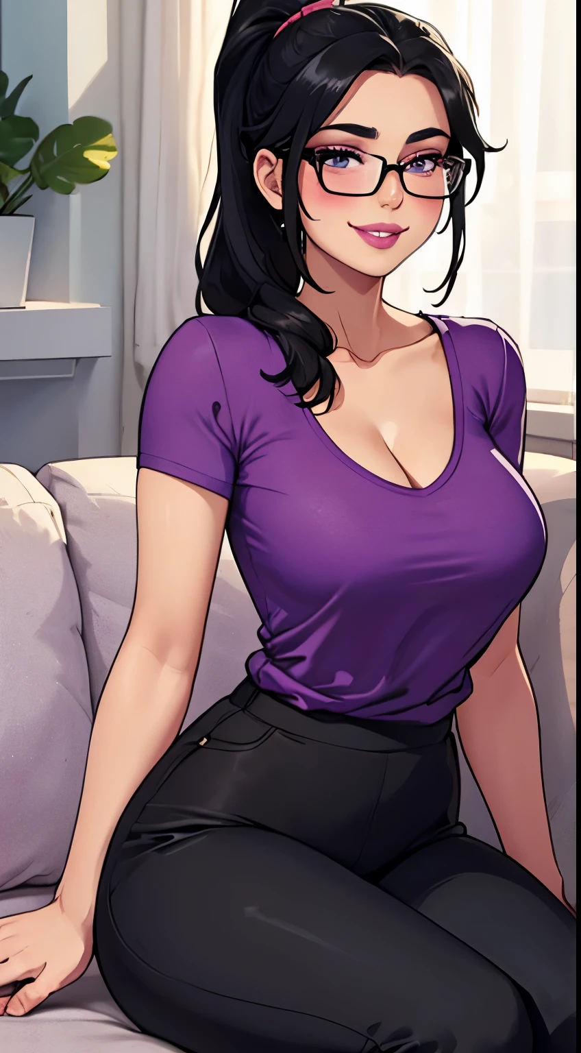 Sexy and cute woman, black hair in a ponytail, glasses, pink lips parted, purple t shirt, black track pants, sitting on couch, seductive yet comforting smile, blushing, medium chest, cleavage, perfect body, huge ass, thick thighs 