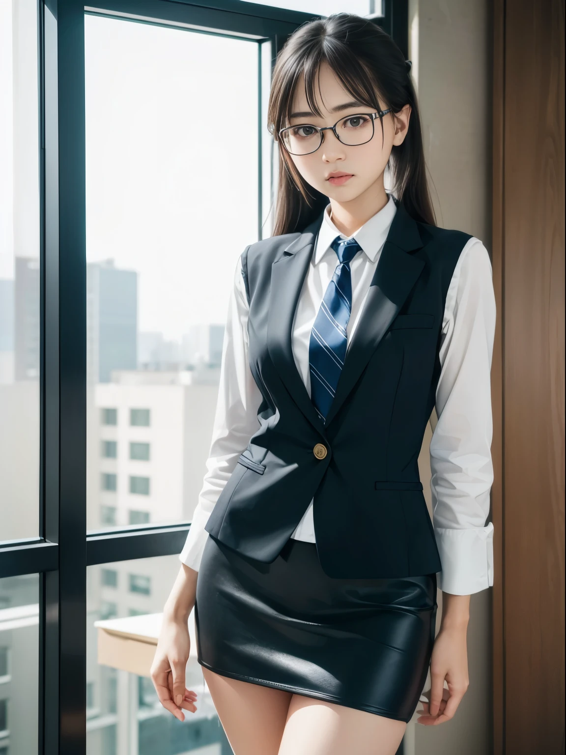 one person、solo、A 20-year-old office lady in office uniform poses for a photo shoot、glare、anger、sexy、victory、Tsundere、Saucy、Single knot、OL、suit、blue mini skirt、anger、Small、glasses、Slim girl model photo、Body:史上最Smallの美少女、female model、Japanese female fashion model、(8K、RAW photo、Highest image quality、masterpiece:1.2)、(real、photorealistic:1.37)、Ultra high definition、Ultra high definition、Office Street、standing position、whole body、((((SEXY)))