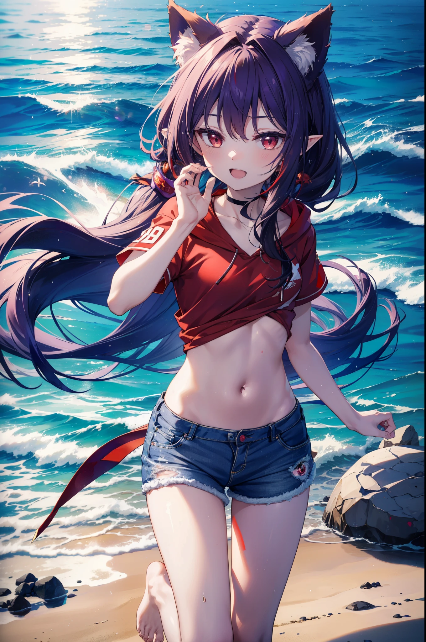 yuukikonno, Yuki Konno, hair band, long hair, pointy ears, purple hair, (red eyes:1.5),happy smile, smile, open your mouth, Are standing,
From above, (small breasts:1.2), ,dog ears,animal ears　dog tail,Red Bikini Swimsuit,purple short sleeve hoodie　Front open,,short denim pants,barefoot,barefoot,beach, sandy beach,Palm tree,Midsummer,Light of the sun,noon,
break looking at viewer, Upper body, whole body, (cowboy shot:1. 5
break outdoors, beach,
break (masterpiece:1.2), highest quality, High resolution, unity 8k wallpaper, (shape:0.8), (beautiful deしっぽed eyes:1.6), extremely deしっぽed face, perfect lighting, extremely deしっぽed CG, (perfect hands, perfect anatomy),