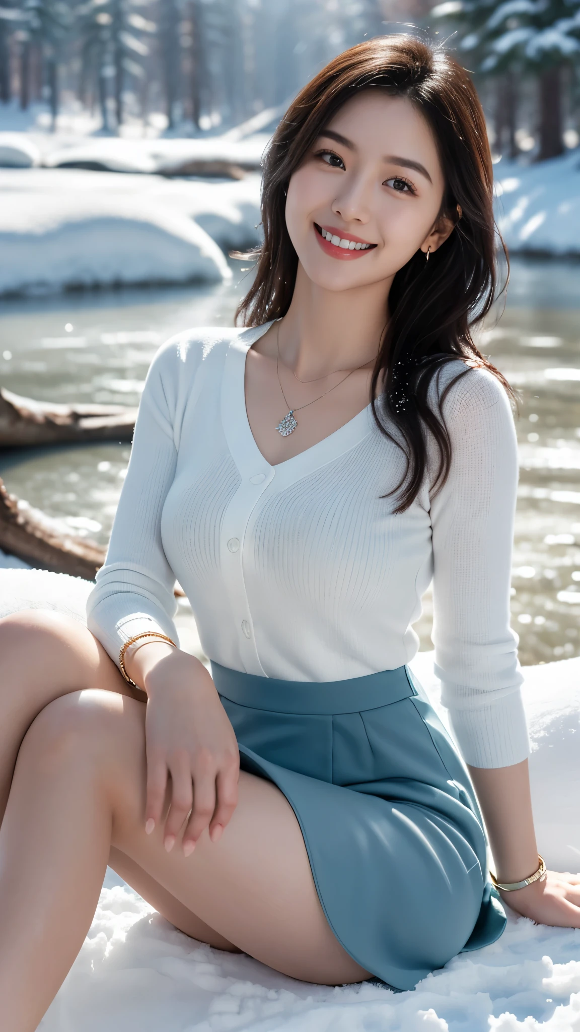 On a vibrant winter Morning，8k, masterpiece, RAW photo, best quality, photorealistic, extremely detailed CG unity 8k wallpaper, Depth of field, Cinematic Light, Lens Flare, Ray tracing, (extremely beautiful face, beautiful lips, beautiful eyes), intricate detail face, ((ultra detailed skin)) , in the dark, deep shadow, pretty Asian girl, idol, 1 girl, (very slim slender fit-muscled body:1.3), ((looking at viewer)),((big smile:1.3)), ((big smile:1.3)), 8K high-definition painting shows a 19-year-old girl。She is wearing a Pink tight dress，1 Beautiful girl, (Detailed face,beautiful eyes, beautiful earrings, bracelets, necklace, pantyhose, clear eyes, (pale skin), (big eyes), Sitting quietly on a large moss-covered broken tree wood in the snow。too many Pine trees in background, all Pine trees covered with heavy snow fall, Snow Fall is Going on, Morning Sun，Ice Bridge, Her smile is like the winter sunshine，Full of youthful vitality。Surrounding snow areas、The frozen river water together forms a beautiful picture，Telling about winter Mornings。