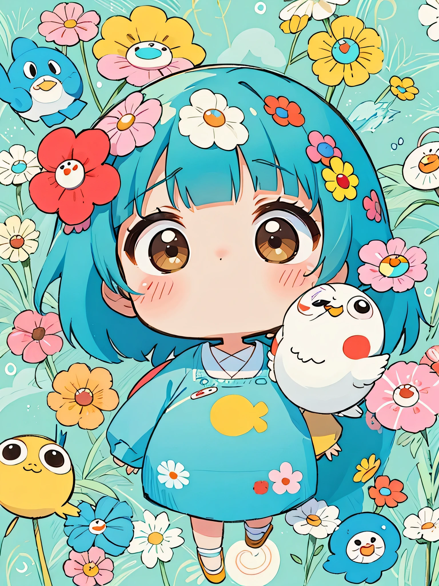 Takashi Murakami Style, Kawaii Design, most beautiful girl ever、Chibi, beautiful spring afternoon、birdie
