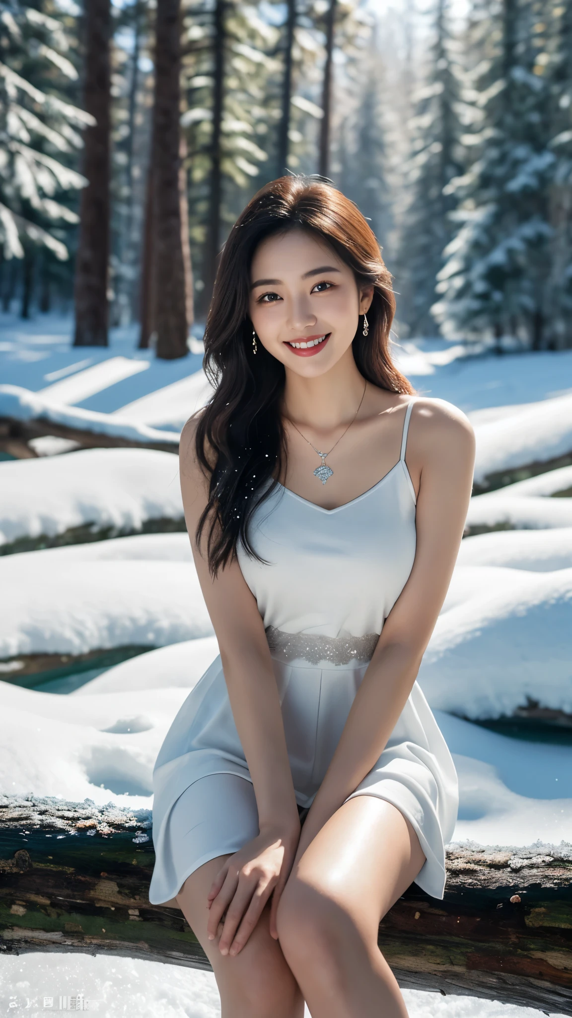 On a vibrant winter Morning,8k, masterpiece, RAW photo, best quality, photorealistic, extremely detailed CG unity 8k wallpaper, Depth of field, Cinematic Light, Lens Flare, Ray tracing, (extremely beautiful face, beautiful lips, beautiful eyes), intricate detail face, ((ultra detailed skin)) , in the dark, deep shadow, pretty Asian girl, idol, 1 girl, (very slim slender fit-muscled body:1.3), ((looking at viewer)),((big smile:1.3)), ((big smile:1.3)), 8K high-definition painting shows a 19-year-old girl。She is wearing a Pink tight dress,1 Beautiful girl, (Detailed face,beautiful eyes, beautiful earrings, bracelets, necklace, pantyhose, clear eyes, (pale skin), (big eyes), Sitting quietly on a large moss-covered broken tree wood in the snow。too many Pine trees in background, all Pine trees covered with heavy snow fall, Snow Fall is Going on, Morning Sun,Ice Bridge, Her smile is like the winter sunshine,Full of youthful vitality。Surrounding snow areas、The frozen river water together forms a beautiful picture,Telling about winter Mornings。
