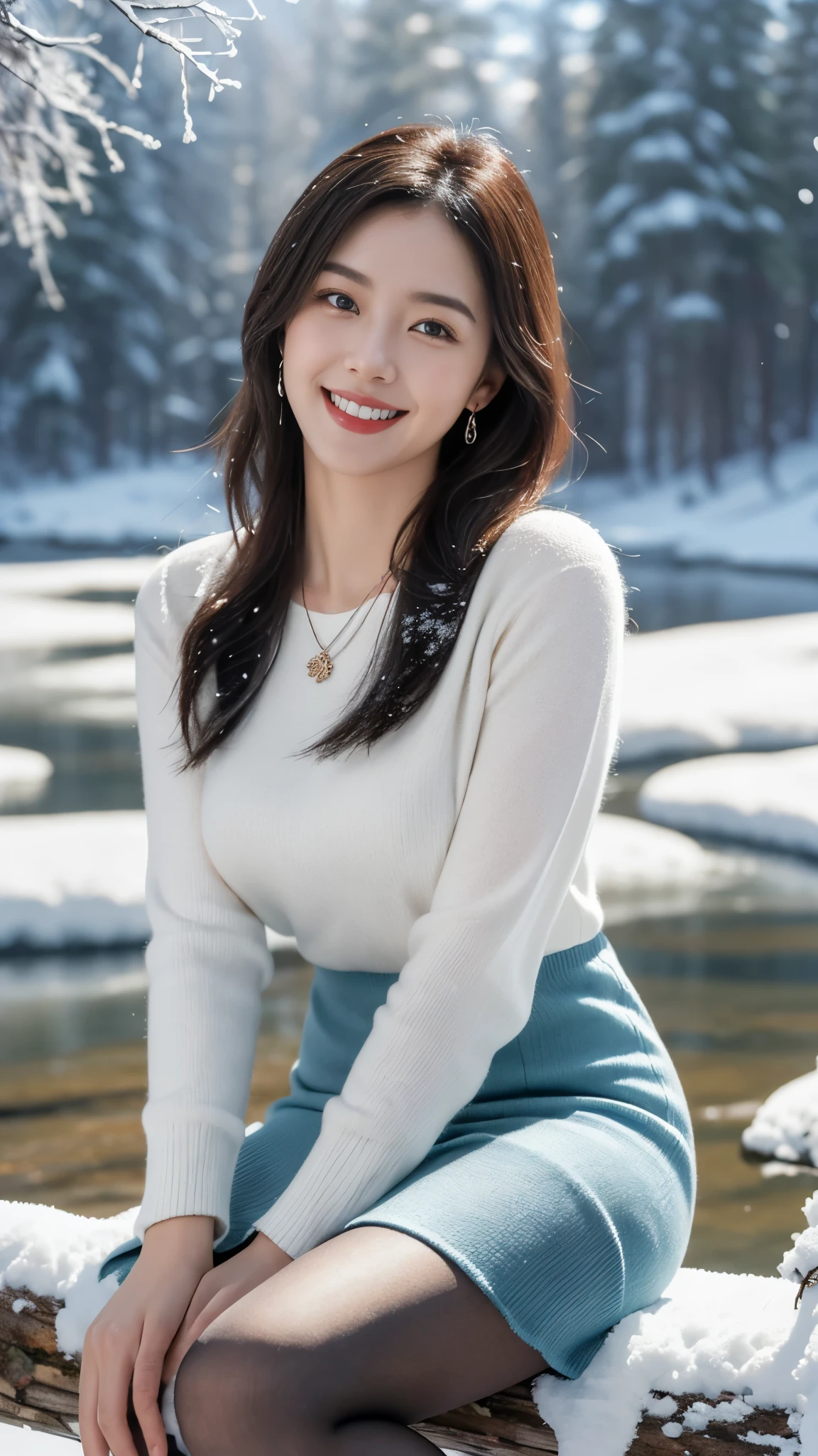 On a vibrant winter Morning，8k, masterpiece, RAW photo, best quality, photorealistic, extremely detailed CG unity 8k wallpaper, Depth of field, Cinematic Light, Lens Flare, Ray tracing, (extremely beautiful face, beautiful lips, beautiful eyes), intricate detail face, ((ultra detailed skin)) , in the dark, deep shadow, pretty Asian girl, idol, 1 girl, (very slim slender fit-muscled body:1.3), ((looking at viewer)),((big smile:1.3)), ((big smile:1.3)), 8K high-definition painting shows a 19-year-old girl。She is wearing a Pink tight dress，1 Beautiful girl, (Detailed face,beautiful eyes, beautiful earrings, bracelets, necklace, pantyhose, clear eyes, (pale skin), (big eyes), Sitting quietly on a large moss-covered broken tree wood in the snow。too many Pine trees in background, all Pine trees covered with heavy snow fall, Snow Fall is Going on, Morning Sun，Ice Bridge, Her smile is like the winter sunshine，Full of youthful vitality。Surrounding snow areas、The frozen river water together forms a beautiful picture，Telling about winter Mornings。