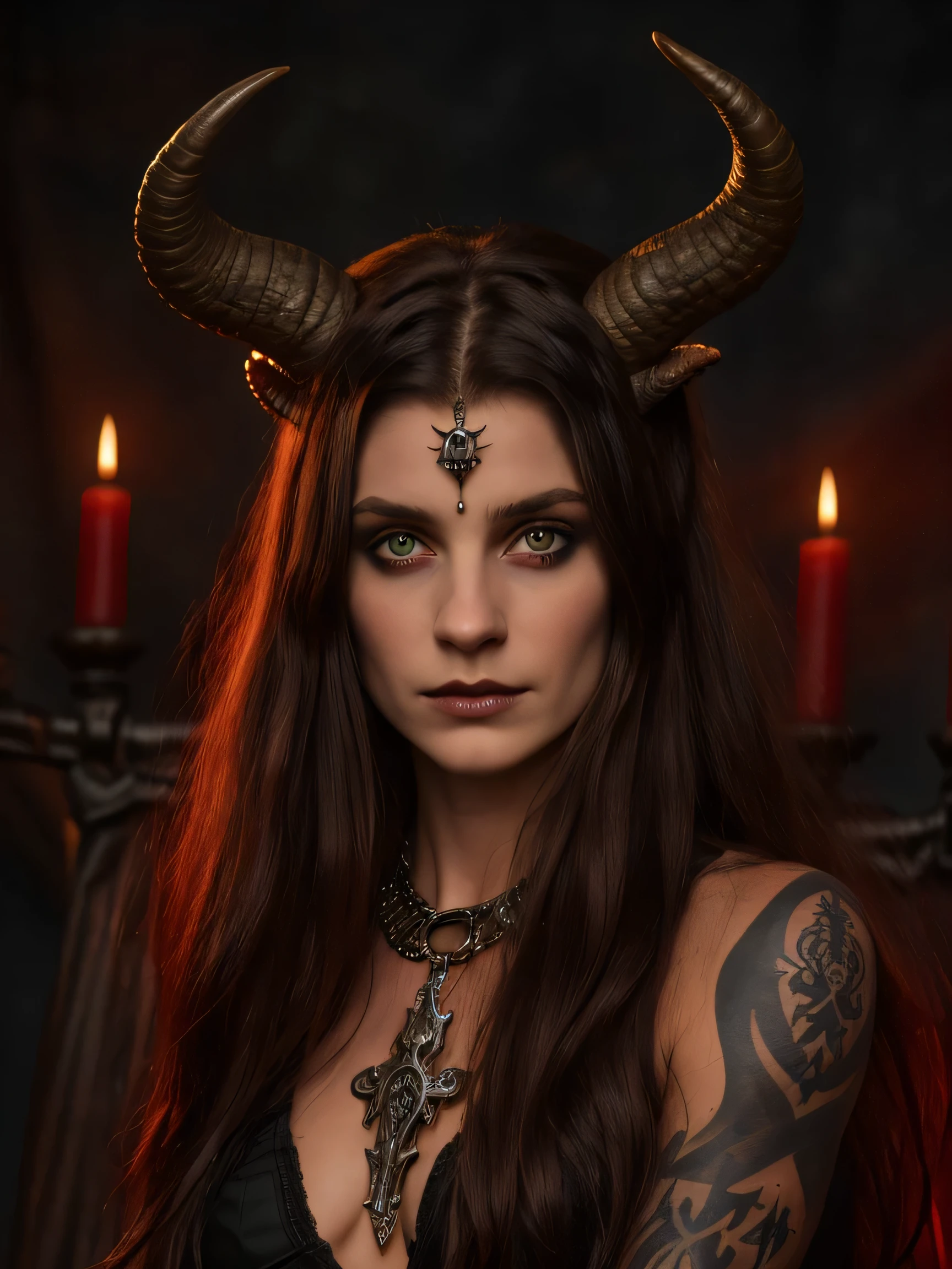 arafed woman holding a skull with horns , with horns, adorned with demon skulls, horns. dark colors,  with an animal skull for a head, demon horns, demoness, black horns, horned, ram skull headpiece, lilith, succubus, medieval, detailed dark castle background