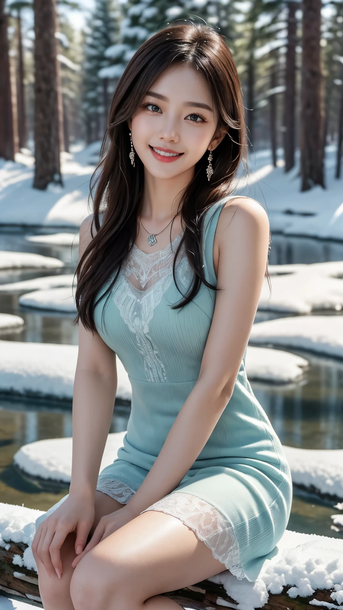 On a vibrant winter Morning，8k, masterpiece, RAW photo, best quality, photorealistic, extremely detailed CG unity 8k wallpaper, Depth of field, Cinematic Light, Lens Flare, Ray tracing, (extremely beautiful face, beautiful lips, beautiful eyes), intricate detail face, ((ultra detailed skin)) , in the dark, deep shadow, pretty Asian girl, idol, 1 girl, (very slim slender fit-muscled body:1.3), ((looking at viewer)),((big smile:1.2)), 8K high-definition painting shows a 20-year-old girl。(( Full body shot)), She is wearing a Pink tight dress，1 Beautiful girl, (Detailed face,beautiful eyes, beautiful earrings, bracelets, necklace, pantyhose, clear eyes, (pale skin), (big eyes), Sitting quietly on a large moss-covered broken tree wood in the snow。too many Pine trees in background, all Pine trees covered with heavy snow fall, Snow Falling, Morning Sun，Ice Bridge, Her smile is like the winter sunshine，Full of youthful vitality。Surrounding snow areas、The frozen river water together forms a beautiful picture，Telling about winter Mornings。beautiful landscape, 