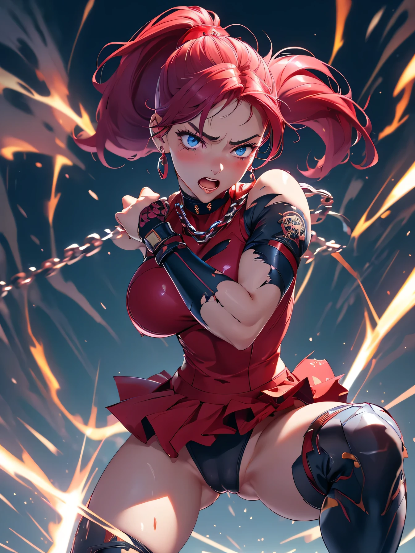 nsfw:1.1, high resolution:1.7, incredibly absurdres, kawaii:1, cute:1.5, hires.fix,incredibly fine illustration,8k,masterpiece:1.2,best quality, high quality, exquisite, beautiful, insanely detailed, intricate detailed, extremely detailed, Super Definition, ultra high res, Super Resolution, best aesthetic, ultra detailed:1.5, best quality, perfect face, detailed face, masterpiece:1.2, 8k cg wallpaper, stunning art,Young girl,(red ponytail: 1.2),(hair, Realistic:1),martial arts master,(action pose: 1.4),dynamic angle,powerful punch,fist glow,blue lightning effect,(eye afterglow: 1.3),big bright blue eyes,Shining eyes beautiful detailed eyes),serious expression, speedy punch, outdoors,
(Dark purple cyber suit and crimson microskirt),(((It's torn and her genitals are visible))).torn clothes,broken clothes,pussy,show off pussy,(embarrassed),blush stickers,((spreading pussy)),((perfect pussy)),(((detailed pussy))),(pussy expansion),((pussy prolapse)),pussy prolapse,pussy prolapse,pussy prolapse,Garter Belt,Bare shoulders,Beautiful breasts,Full body,(Perfect body),((Check out our thru-rack chokers and midi rings with chains,pale skin,Faint lips,embarrassed,Open mouth,