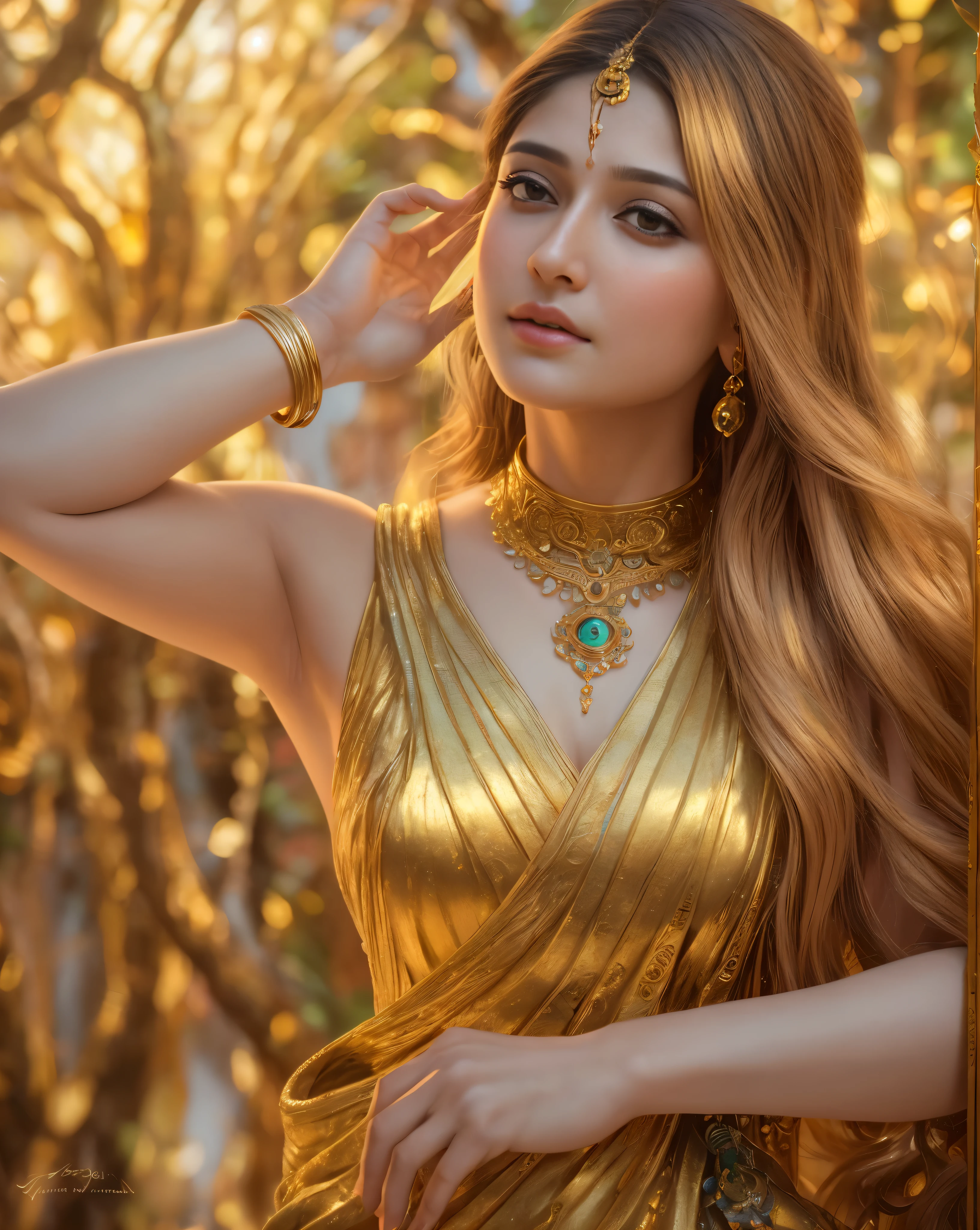 Face mix of Anushka Shetty and Nayanthara, a masterpiece ultrarealistic ultradetailed portrait of a beautiful girl in incredible goledn armor. baroque renaissance. in forest. medium shot, intricate, elegant, highly detailed. trending on artstation, digital art, by stanley artgerm lau, wlop, rossdraws, james jean, andrei riabovitchev, marc simonetti, yoshitaka amano. background by james jean and gustav klimt, light by julie bell, 4 k, porcelain skin.