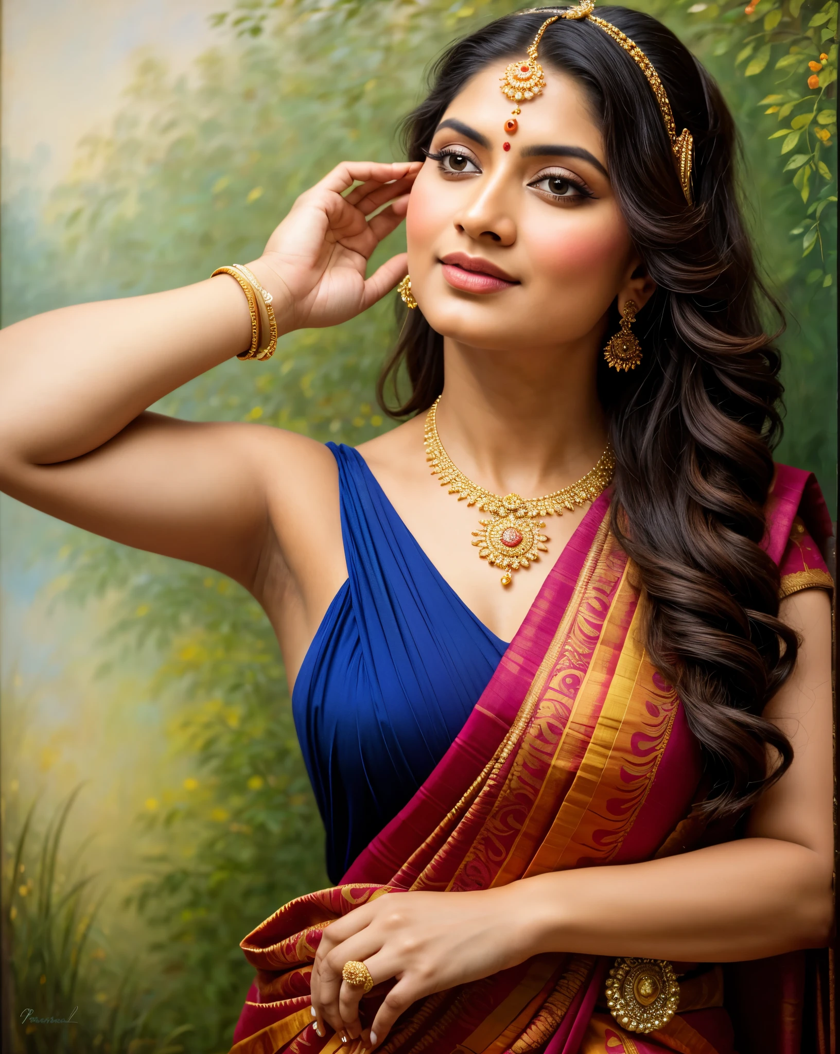 Beautiful Indian Woman, wearing saree, sari Beauty, gorgeous, Apsara, Maharani, royal queen woman, nymph from Hindu Mythology, Urvashi, matchless beauty, Highly detailed, Oil Painting by Peter Paul Rubens inspired by Raja Ravi Varma, Matchless beauty, captivating, gorgeous, heavenly beauty, celestial beauty, by Peter Paul Rubens, 13, realistic, hyper realistic, micro details, incredible artwork, insane details, ultra High resolution, 8k, 32k, acrylic on canvas, intricate, flawless, detailed, detailed face, detailed eyes, masterpiece, by Peter Paul Rubens, by Caravaggio, by William Adolphe bouguereau, perfect face, perfect body, beautiful art, realism, baroque, renaissance Art, highly textured, beautiful and detailed eyes, uhd, best quality,