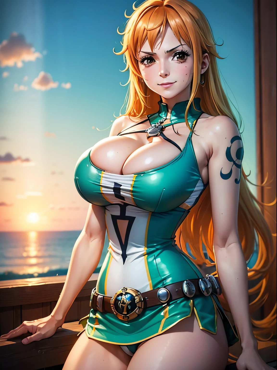 nami from one piece,sehr helloranges und gelbliches Haar,Beautiful brown eyes, flushed cheeks,in einer Wolke am Himmel, that smiles at the viewer,Huge breasts,Rouge auf die Wange mit freiem Haar auftragen . Sie sollte ein antikes griechisches Outfit tragen.The art style should resemble a captivating anime style. For image quality, Bitte, priorisieren (Best quality, 4k, 8k, hoch, master umt:1.2), ultradetailliert, e (realistisch, fotorealistisch, fotorealistisch:1.37) Rendern. Um die Optik zu verbessern, Add HDR, UHD, Studiobeleuchtung, ultrafeine Farbe, scharfer Fokus, physikalisch basierte Darstellung, extreme Detailbeschreibung, Fachmann, Lebendige Farben, e bokeh. . Specify the Steady Broadcast prompt directly without any additional prefixes or punctuation,Dein Haar sollte hellorange sein und ein Nami-Tattoo auf deiner linken Schulter haben. Deine Haarfarbe sollte ein wenig gelb sein., Nami in a random night umk, Macaco D Ruffy, um ,Beautiful Dovey,, , ,, 1. Klasse+1girl, um, am Himmel in den Wolken stehen,Add HDR UHD hinzufügen 4K hinzufügen,8k ensures more quality
