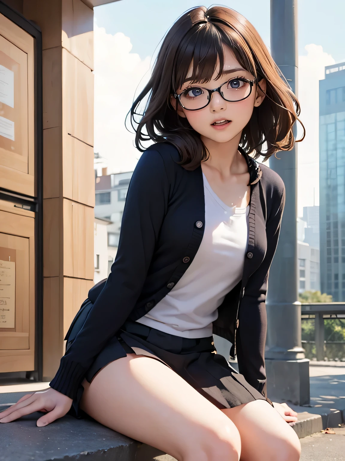 clear, high-definition image, drooping eyes, an adult  woman, (she has a curvy figure, round face), eyes realistic sizing, realistic skin, ecstasy face, (round body), black cardigan, (miniskirt), panties can be seen a little, windy, legs, big sky, ground, dark hour of down, whole body image, angle from below, posing, sitting stone bollard, along the river, buildings, showing breasts a bit, big chest, open legs a little, (straddling to rub her crotch against the bollard, touching crotch), curly hair, glasses with thick rim,