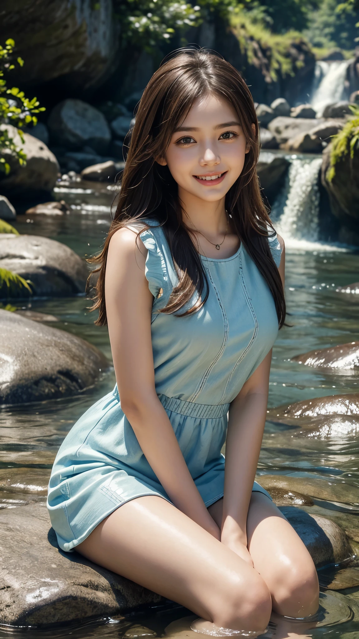 (best quality,ultra-detailed,realistic:1.37),portraits,beautiful young girl,youthful female model,riverbank and rocks or temple or bridge,Sweet girl clothes4, Libra dress,jewelry,sitting under a waterfall,sitting posture,sitting on a rock,drenched all over,masterpiece,extremely detailed description,super fine painting,detailed face,slim figure,long legs,playing in the water,smiling,bright smile