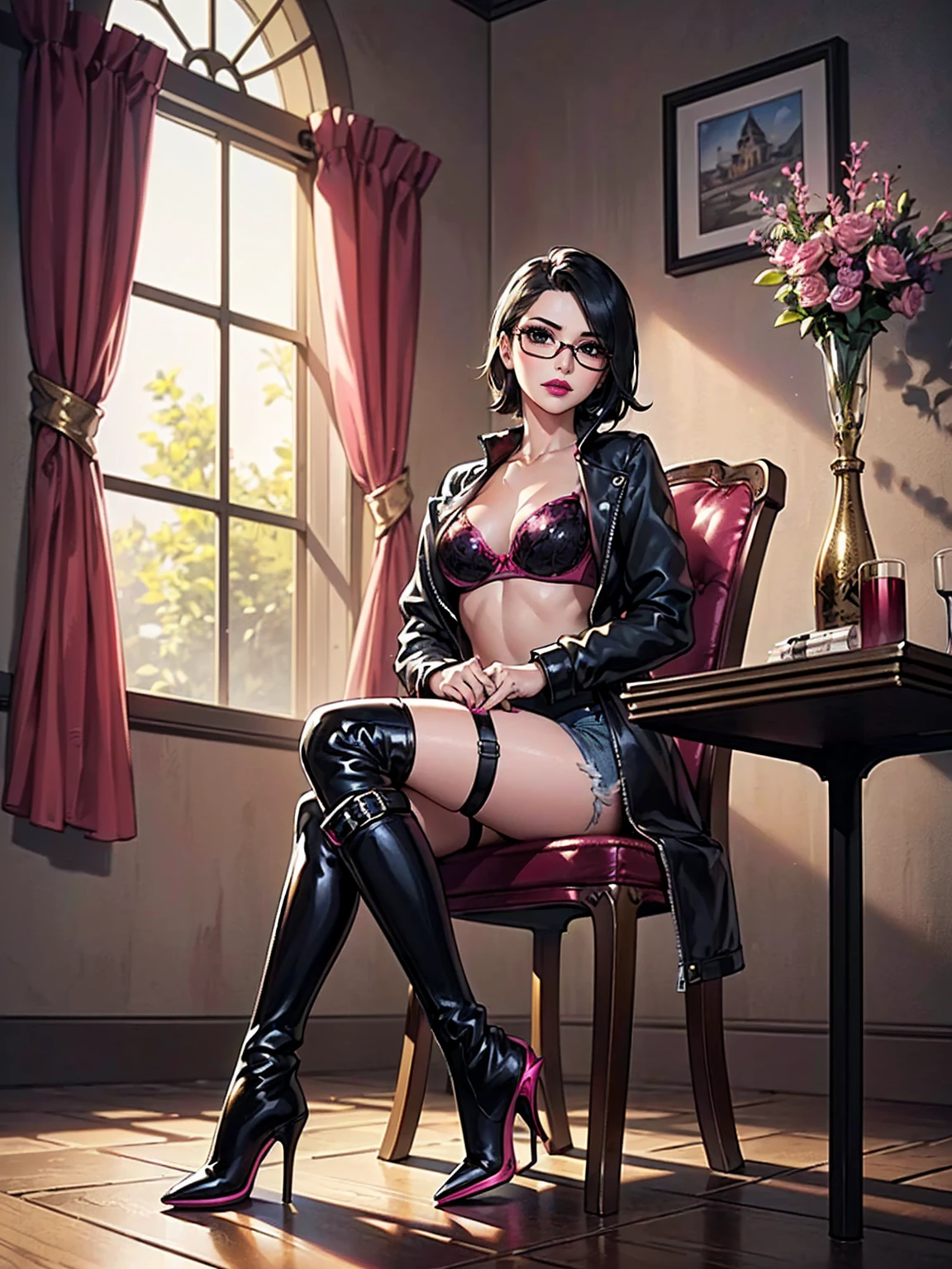 (1girl, solo, alone), (WakatsukiRisa, Sarada Uchiha, black hair, short hair, black eyes, red glasses), ((solo, (1woman, pink lipstick, black eyes), Extremely detailed, ambient soft lighting, 4k, perfect eyes, a perfect face, perfect lighting, a 1girl)), ((fitness, shapely body, athletic body, toned body)), (((sequin encrusted bra, (gold sequin bra), sequin gold), (mini short, short jeans, micro short), ((high heel boots, (stiletto heels, (leather boots, custom boots), stiletto heels), high heel boots, thigh-high boots, beige thigh)), ((black jacket)), entrance hall, entrance, Provencal style docking, Provencal style furniture)), ((sitting, legs apart, chair, sitting with legs apart , sitting on the chair))