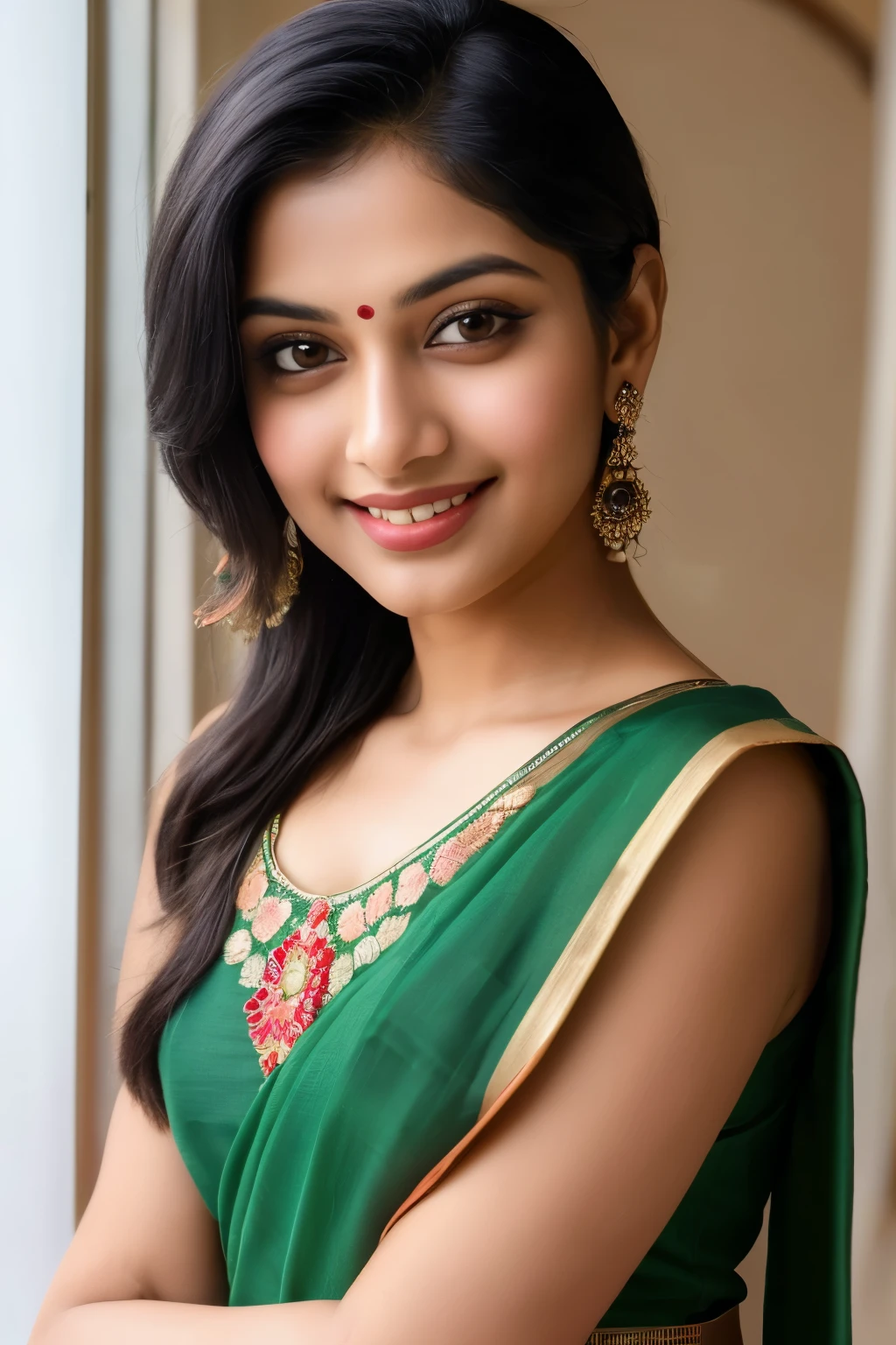 a modern Indian woman of Indian nationality, age 28, looking directly at the camera with a warm and inviting smile, radiating an approachable, charming, and seductive aura, donning traditional Indian attire in the latest fashion trends, her raven-black hair neatly pulled back, natural makeup accentuating her beautiful almond-shaped eyes, full-length portrait captured under soft, natural light, exuding a confident and alluring presence, a masterpiece in (Best Quality, 8k), a vivid and stunning representation of beauty and grace.