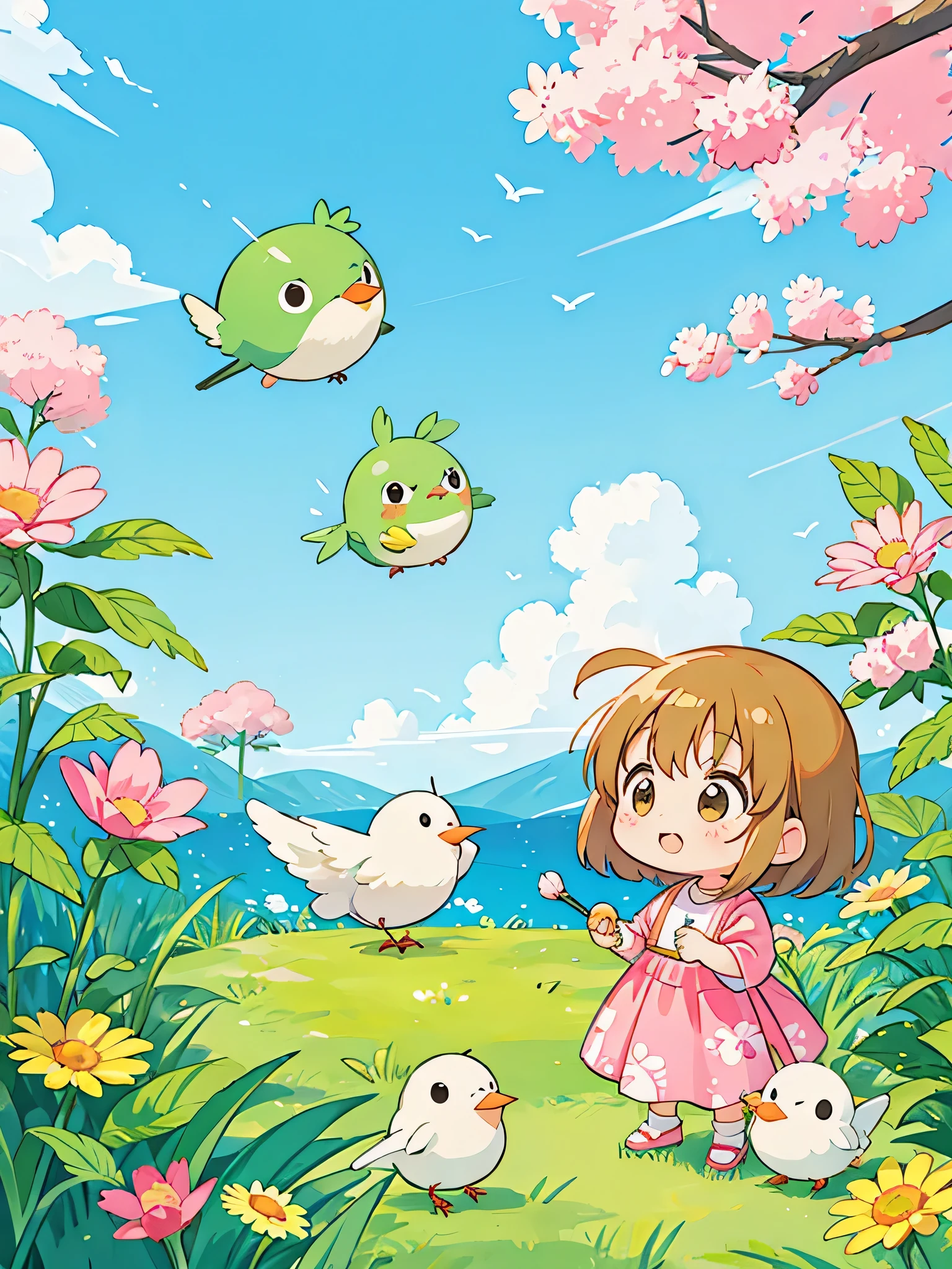 Fujio Akatsuka Style, Kawaii Design, most beautiful girl ever、Chibi, beautiful spring afternoon、birdie
