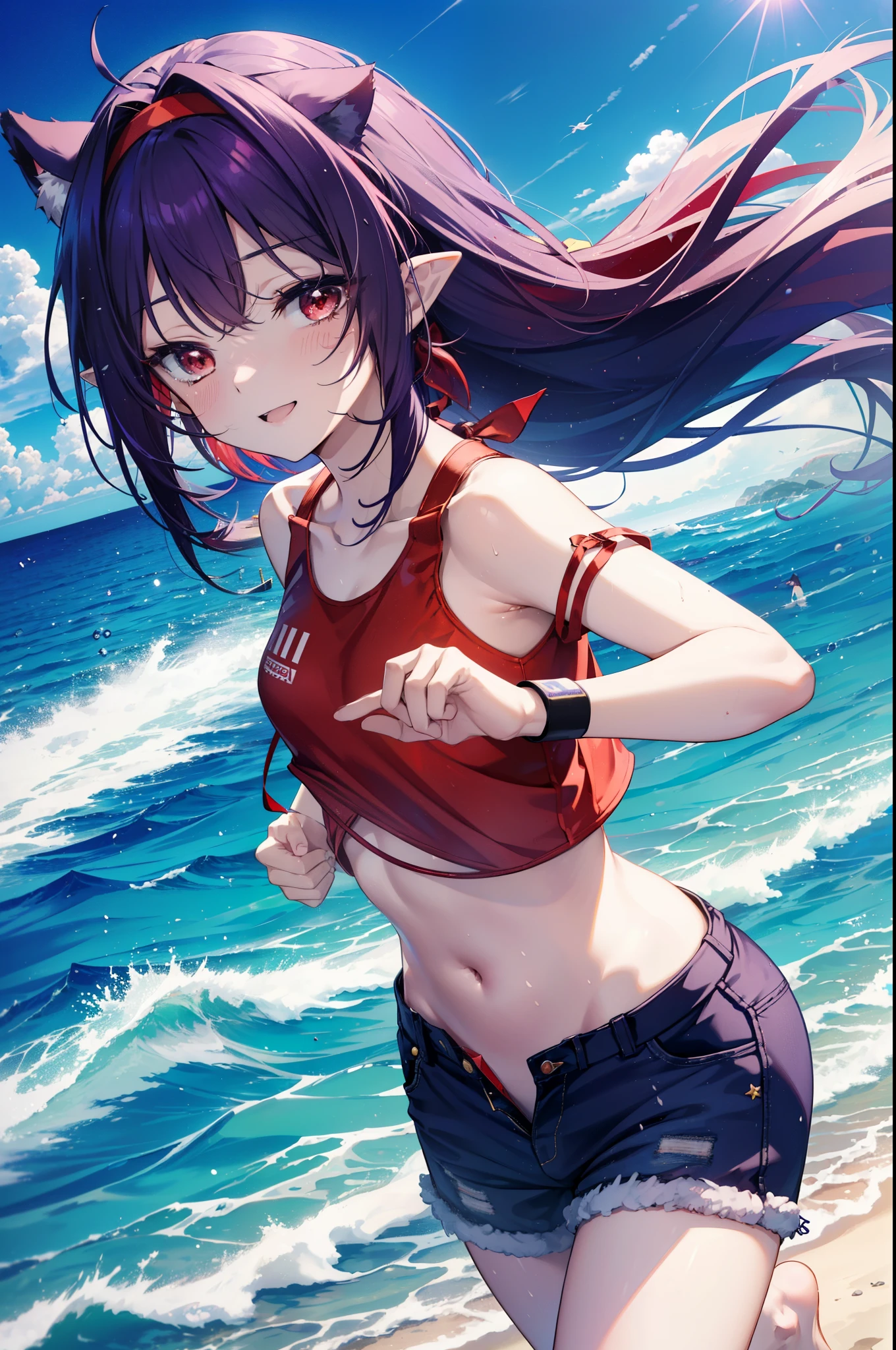yuukikonno, Yuki Konno, hair band, long hair, pointy ears, purple hair, (red eyes:1.5),happy smile, smile, open your mouth, Are standing,
From above, (small :1.2), ,dog ears,animal ears　dog tail,Red  Swimsuit,purple short sleeve hoodie　Front open,,short denim pants,barefoot,barefoot,beach, sandy beach,Palm tree,Midsummer,Light of the sun,noon,
break looking at viewer, Upper body, whole body, (cowboy shot:1. 5
break outdoors, beach,
break (masterpiece:1.2), highest quality, High resolution, unity 8k wallpaper, (shape:0.8), (beautiful deしっぽed eyes:1.6), extremely deしっぽed face, perfect lighting, extremely deしっぽed CG, (perfect hands, perfect ),