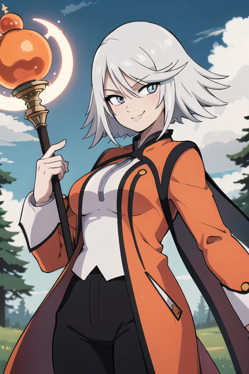 masterpiece, best quality, rainesage, orange coat, white shirt, black pants, cowboy shot, medium breasts, looking at viewer, holding staff, holding, staff, smile, forest, sky, clouds dynamic pose, smug smile, smug look, 