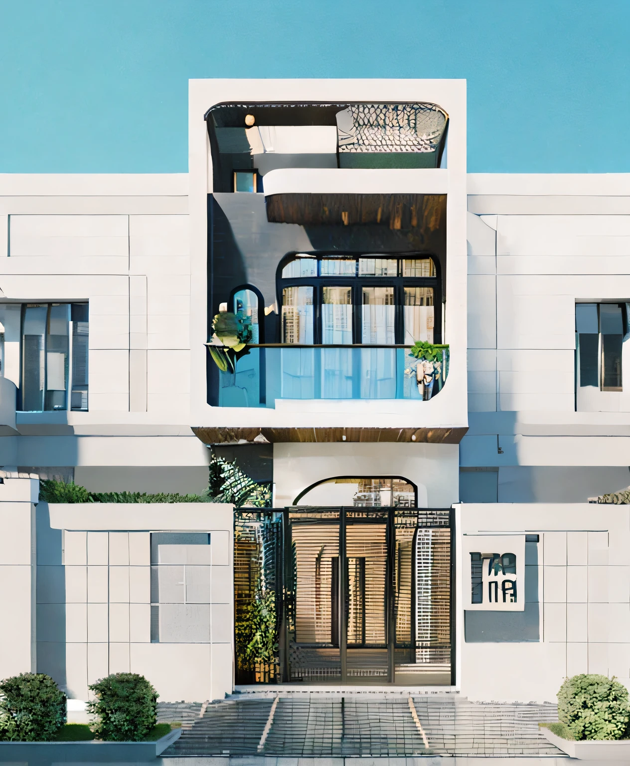 Raw photo,masterpiece, high quality, 最high quality, genuine, Super detailed, townhouse, modern house (tile wall:1.2), glass window, (Wooden ceiling:1.1), handrail glass, Gate, fence, (curve:1.1),Tropical trees々, Day, beautiful sky, (highly detailed :1.2), 8k uh, Digital single-lens reflex camera, soft lighting, high quality, film grain, Fujifilm XT3