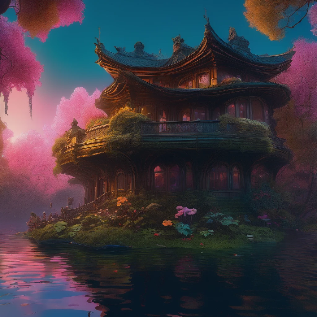 Evening Pond, aesthetic, surrealism, noir film, award-winning creature concept art by Jim Burns and Greg Rutkowski, Picasso, Beksinski, masterpiece, complimentary colors, James Gilleard, Bruegel, artstation, Alphonse Mucha, and Yoshitaka Amano