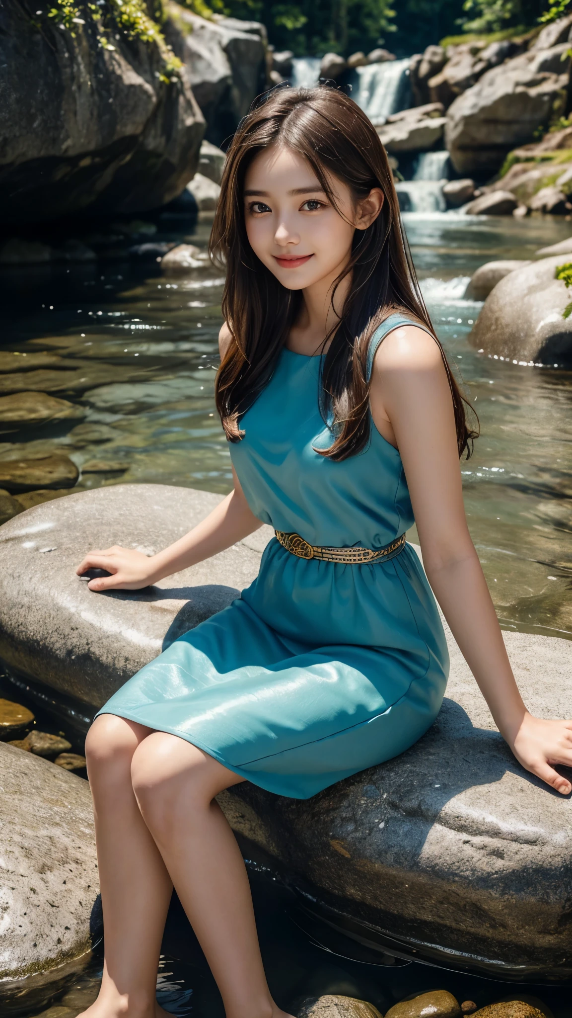(best quality,ultra-detailed,realistic:1.37),portraits,beautiful young girl,youthful female model,riverbank and rocks or temple or bridge,Sweet girl clothes4, Libra dress,jewelry,sitting under a waterfall,sitting posture,sitting on a rock,drenched all over,masterpiece,extremely detailed description,super fine painting,detailed face,slim figure,long legs,playing in the water,smiling,bright smile