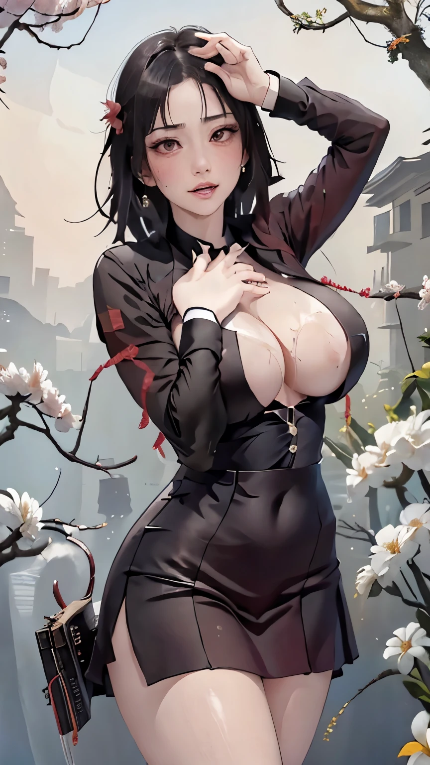 masterpiece, absurdres,(Yamanaka ino:1.2), 1girl, solo,mature female, (topless), spaghetti strap top,open shirt,high waist short skirt, looking at viewer, (falling petals), perfect composition, detailed lips, (big breast, huge breast:1.3 ), beautiful face, body propotion, blush, soft gaze,  super realistic, detailed, photoshoot, realistic face and body, (nsfw:1.3), wet cum:1.2,( close shot:1.2, close), angry,armpit, detached net Sleeves, (plump)