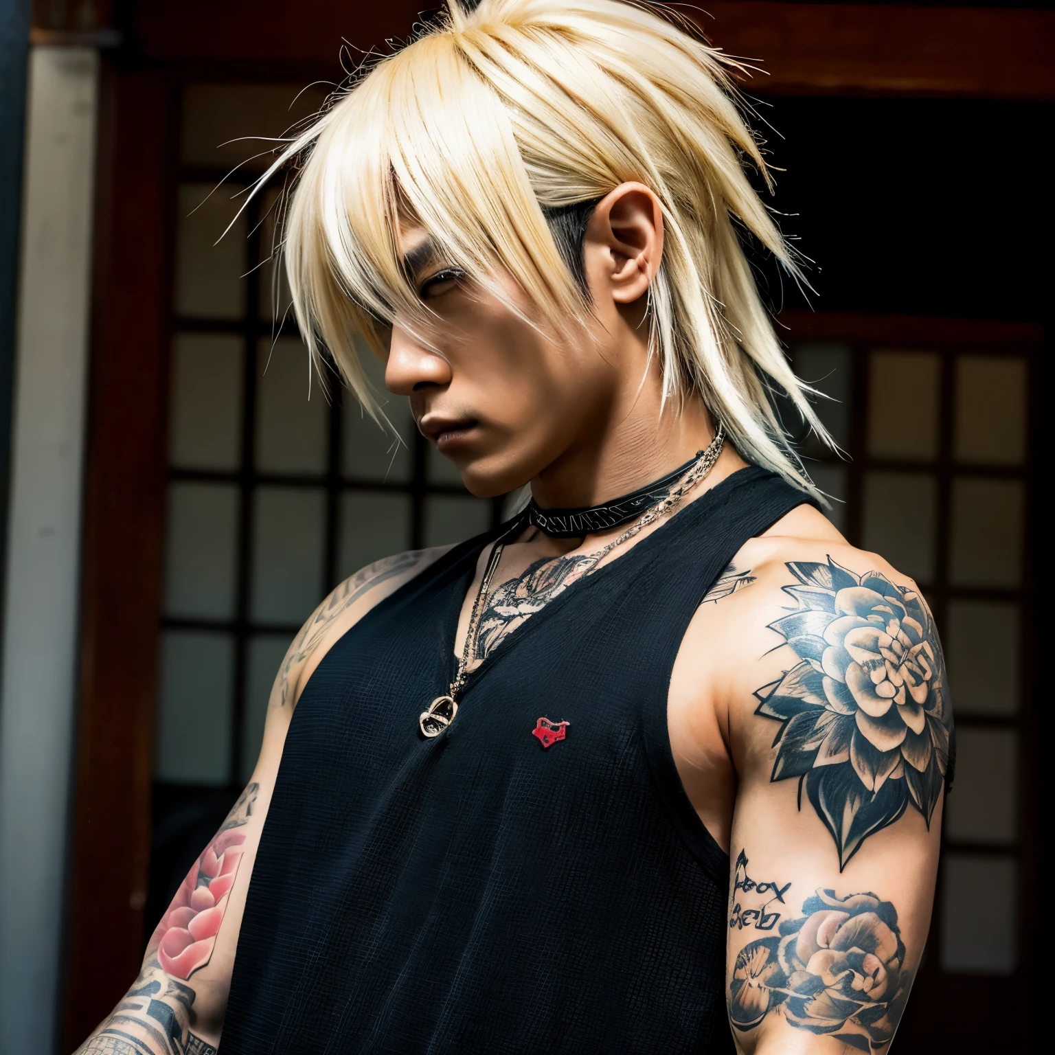 Japanese gothic rocker man, male, Asian eyes, muscular, broad shoulders, yakuza tattoos, hairstyle Visual Kei style, hair Visual Kei, black men's shirt and black pants, ultra detailed face, hyperrealistic, realistic representation,  30 years old, age 30 years,, blonde hair