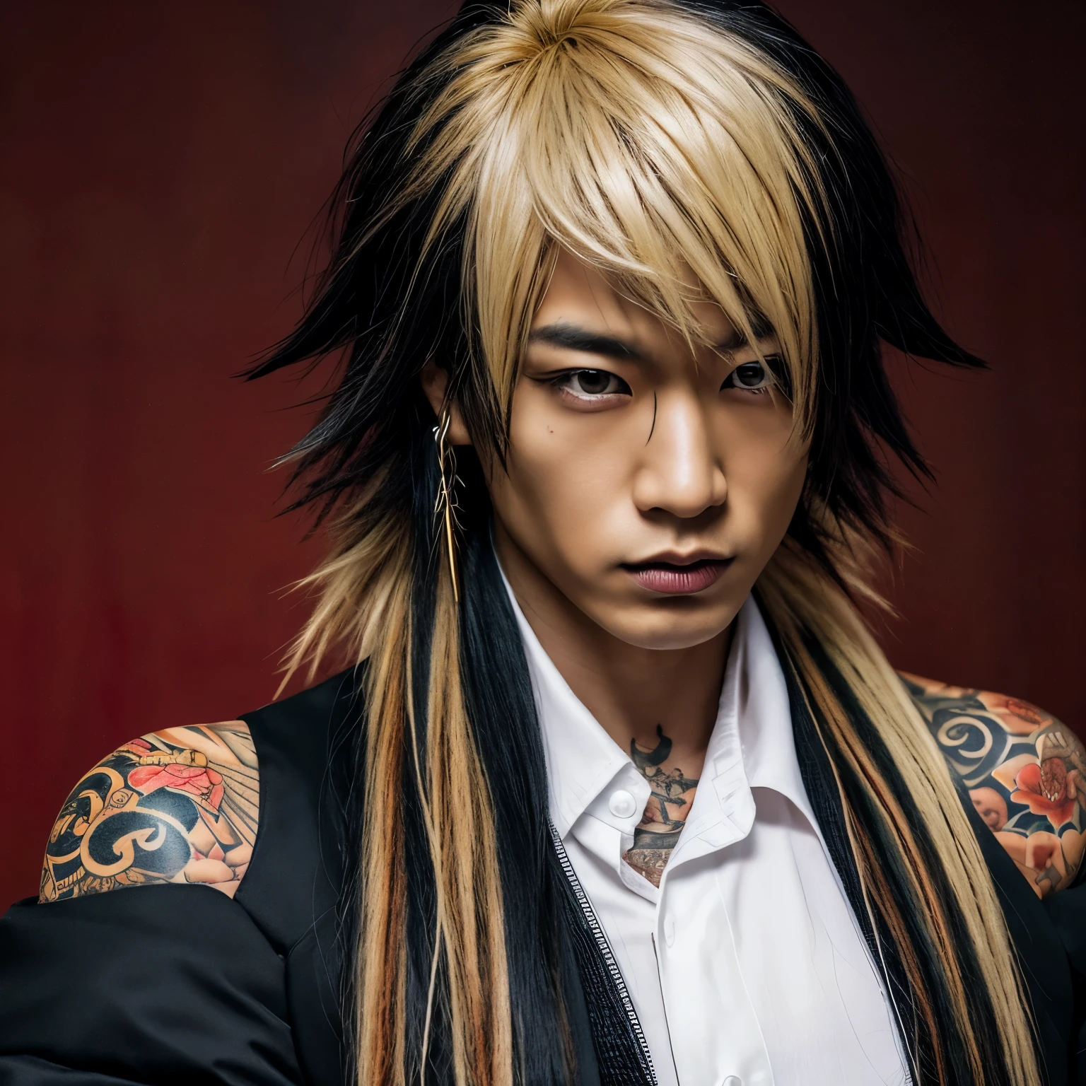 1 man, Japanese man, male, Asian eyes, muscular, broad shoulders, yakuza tattoos, hairstyle Visual Kei style, hair Visual Kei, black men's shirt and black pants, ultra detailed face, hyperrealistic, realistic representation, long hair, long hair, 30 years old, age 30 years, blond, blonde hair