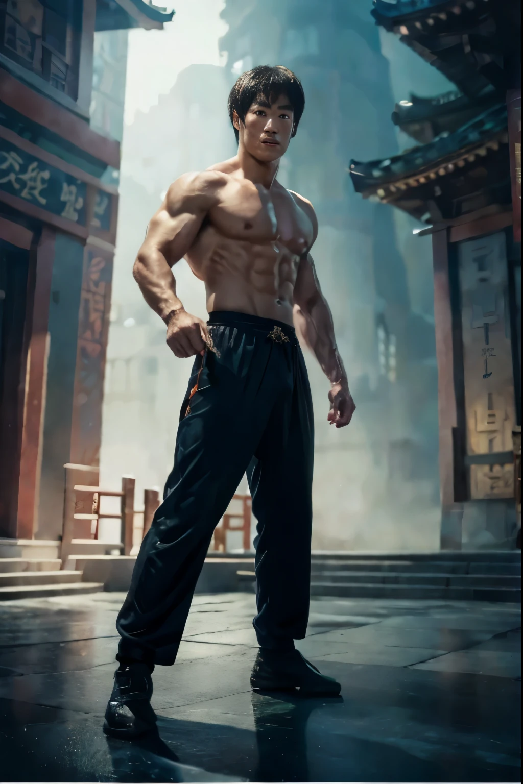 wide angle，1 person，Handsome韩国电影男明星，Ji Jinxi，Korean traditional clothing，barefoot，Handsome，Engraved details, rough skin texture, strong and muscular，White wet and transparent，Open，chiseled muscles, muscular body, majestic man, Masculine and strong, Six-pack abs，Ji Jinxi&#39;s body, perfect muscle structure，real texture，(8K, masterpiece, best quality, High resolution, super detailed）Korean Royal Palace，garden，night，Candle，moonlight，（face camera，Front view，full body pictures）