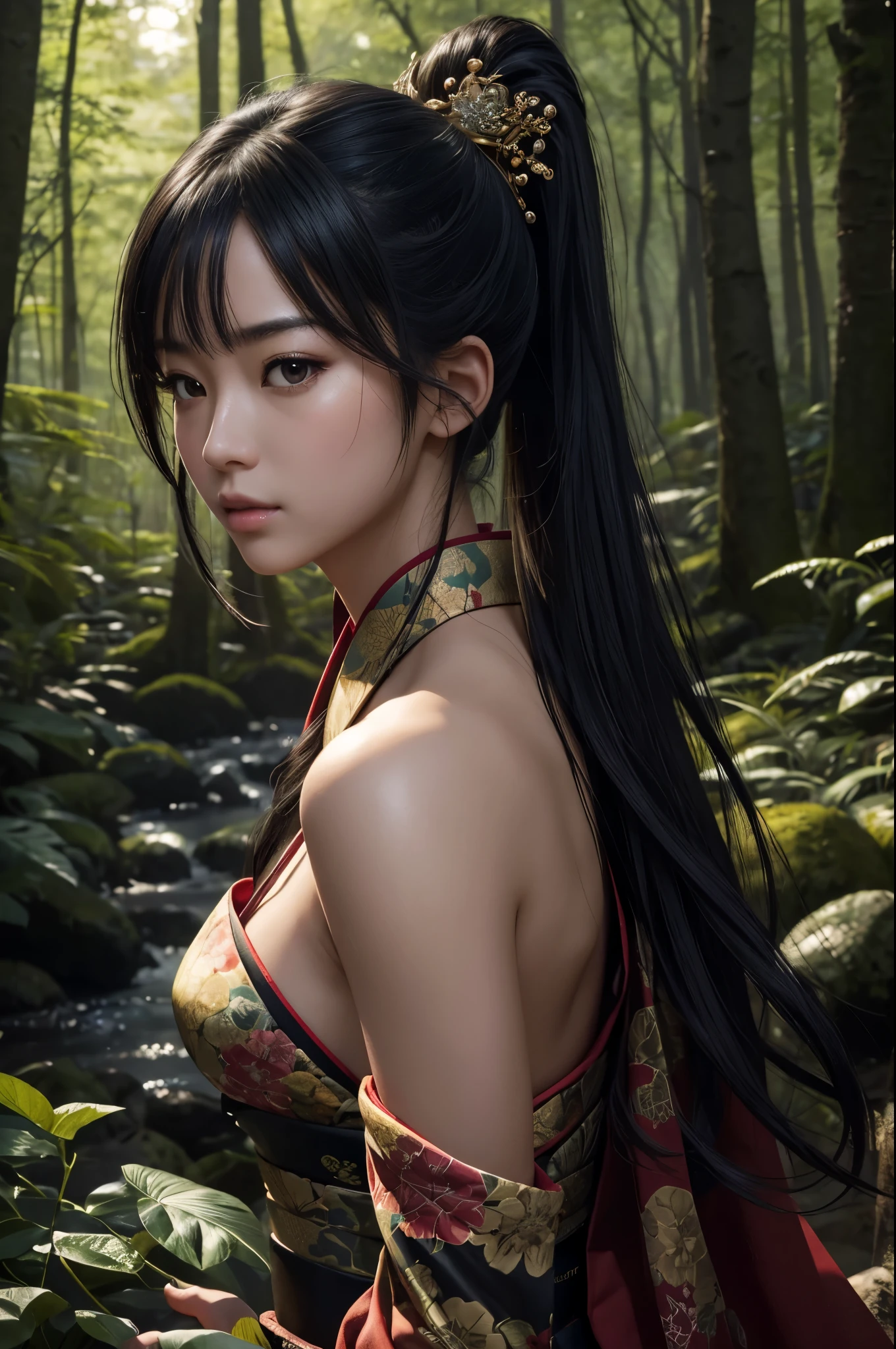 8K,ホラー的なin the forest,(masterpiece、highest quality:1.3)、日本の着物を着て日本刀を持った女子高生のaction scene,超A high resolution,18-year-old,美しい女の子のaction scene、Super beautiful(like the real thing),black hair ponytail、(1 girl)、((lips))、(nose)、((long face))、watering、stylish、sharp gaze,rugged appearance,look at the audience、soft makeup、textured、dynamic posture、wide shot、 dramatic lighting:1.1、(perfect gradation)、coldness,particles of light、(Depth of the bounds written)、(intricate details:1.2)、in the forest(highly detailed background)、,The charm of adult kimono,Oiran(flashy kimono)facing there,Sexy,glare,dark atmosphere,normal breast,in the forest,battle scene,action scene,action pose,I have some paper bills in my hand.,masterpiece,highest qualityのフォトリアリスティックなRAW写真。bright colors,rich colors, Backlight, cinematic lighting, film grain, to be born, 50MM lens, Nikon D850,super realistic skin,fantasy art,character art,ultra high resolution,realistic scale skin,Perfect hand shape,view audience,beautiful expression,Close-up,