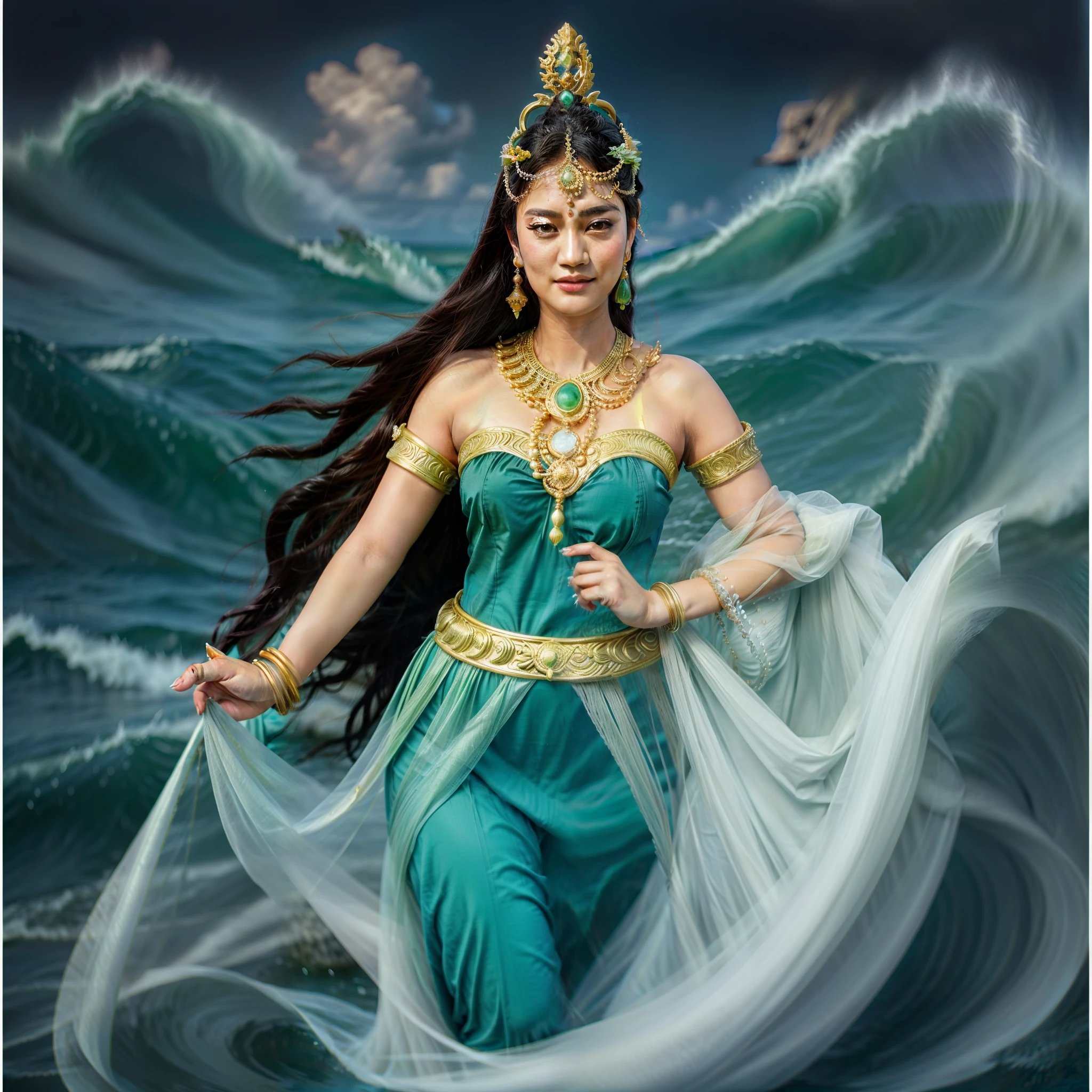 Luna Maya in painting of a woman in a green dress standing in the ocean, queen of the sea mu yanling, goddess of the ocean, goddess of the sea, earth goddess mythology, goddess of love and peace, a stunning portrait of a goddess, indian goddess of wealth, javanese mythology, goddess art, beautiful goddess, goddess of greek mythology, goddess of nature