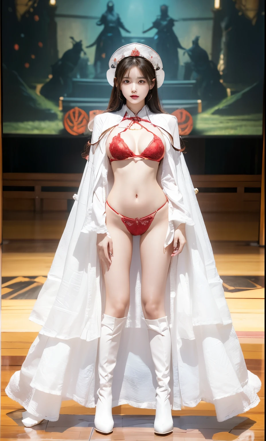 beautiful and delicate woman,Eyes and faces are very detailed, exquisite eyes, super detailed, High resolution, The content is very detailed,best quality,EnLightenment,unity,8k wallpaper,masterpiece,best quality,imagine，1 girl，China costume, Wear sexy fiery red bikini armor，metal style, big breasts, high-cut underwear, high cut underwear, 盔甲有圖案metal style的, Fire red priest cloak，priest hat，standing posture，long legs，put on red boots，look at the audience，facing the audience，flowing long hair，Surreal 8000g，Impeccable，masterpiece，professional artwork，famous artwork，Light，movie bloom，perfect face，pretty face，fantasy，Dreamy and magical，not real，intricate details，Exquisite pattern…Korean woman’s face, full-body shot
