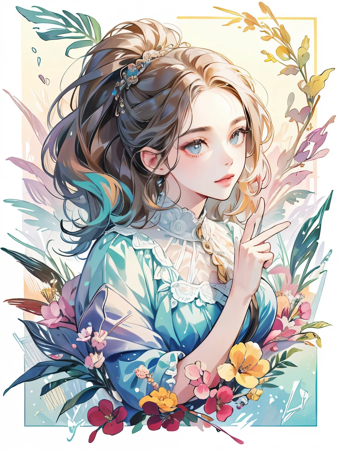 A masterpiece of top quality, with the best quality and official art standards, featuring a beautiful and visually stunning girl:1.3. This artwork is extremely detailed, rich in colors, and exquisitely detailed. It is created using watercolor painting techniques:1.3, resulting in a vibrant, lively, and unique visual experience. The optical blending technique used brings a playful pattern and adds depth to the artwork, enhancing its overall texture and color richness.