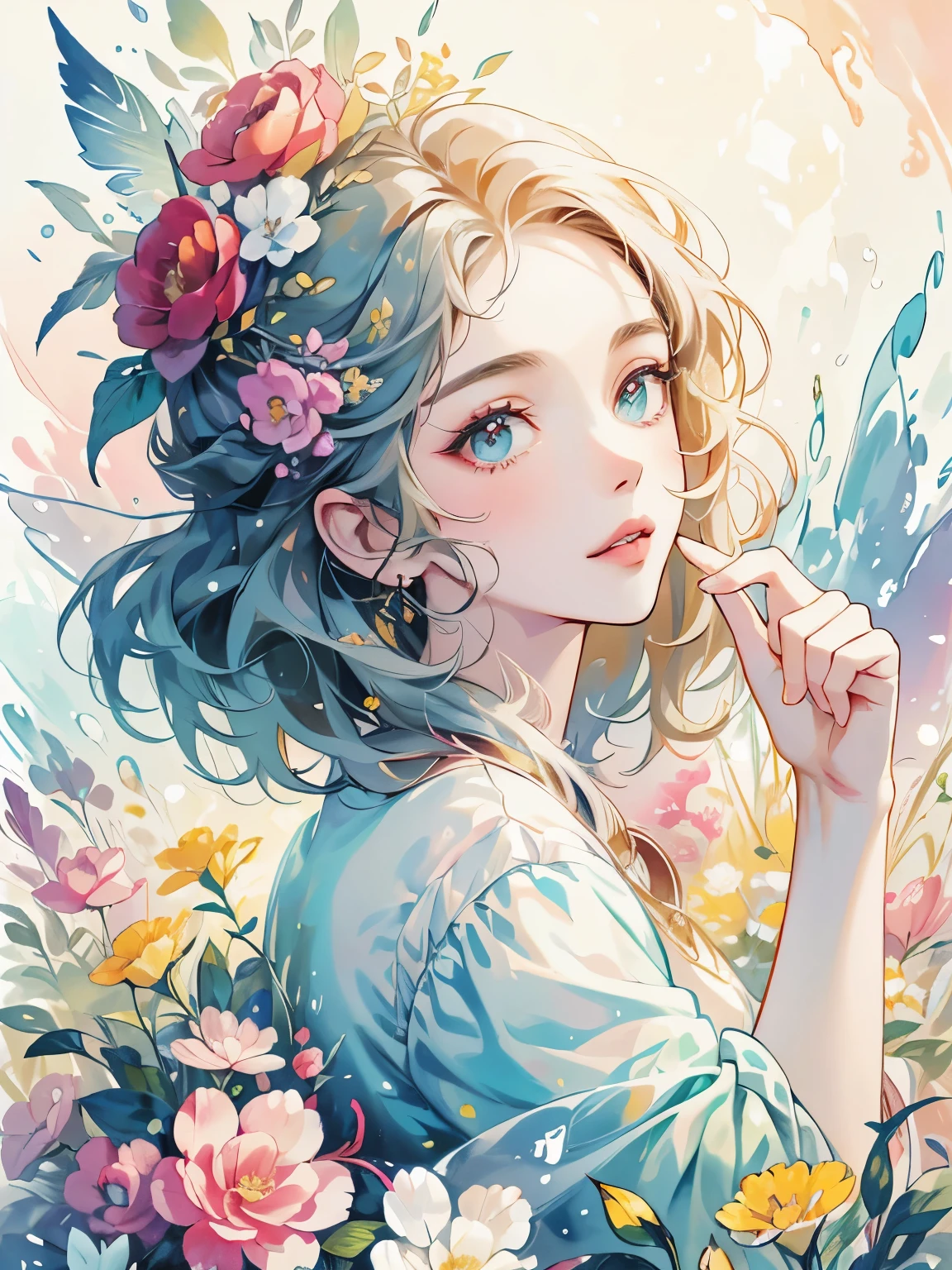 A masterpiece of top quality, with the best quality and official art standards, featuring a beautiful and visually stunning girl:1.3. This artwork is extremely detailed, rich in colors, and exquisitely detailed. It is created using watercolor painting techniques:1.3, resulting in a vibrant, lively, and unique visual experience. The optical blending technique used brings a playful pattern and adds depth to the artwork, enhancing its overall texture and color richness.