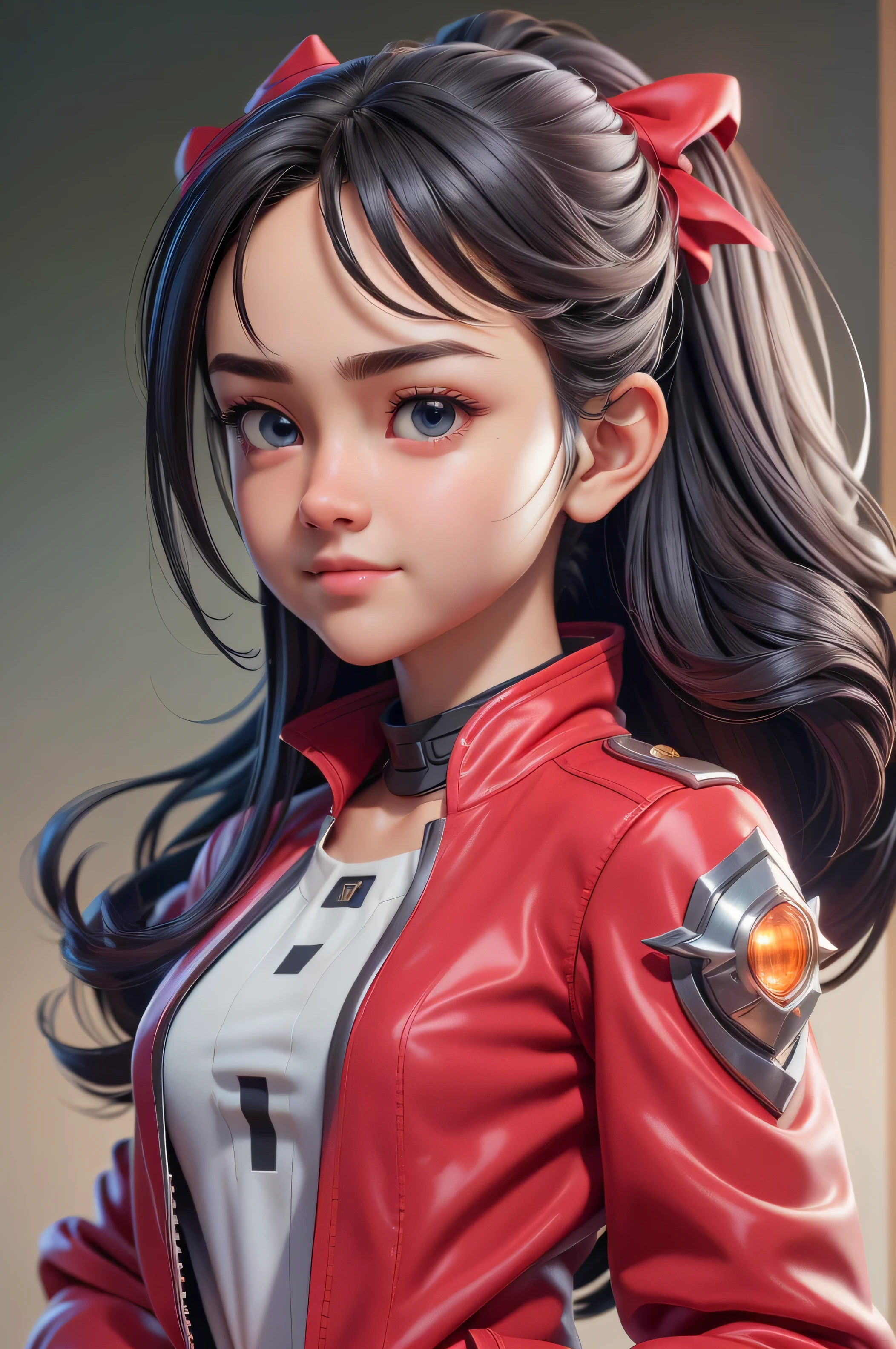 (8K, Best Quality, Masterpiece:1.2), Ultra-detailed, Masterpiece, Realistic lighting,Masterpiece, Best Quality, Masterpiece, official arts,extremely detailed CG unity 8K wallpaper,beautiful detail eyes, Light on the face, 1girl, upper-body, chest, gown, , Red_jacket, windbreaker, gloves, bow, Hair_ornament, bracer,