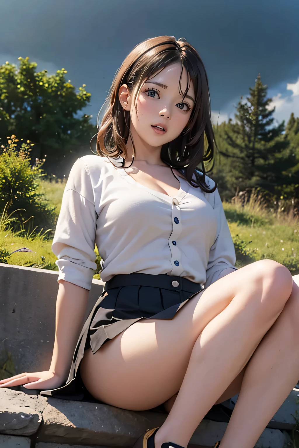 clear, high-definition image, drooping eyes, an adult woman, (she has a curvy figure, round face), eyes realistic sizing, realistic skin, ecstasy face, (round body), black cardigan, (miniskirt), panties can be seen a little, windy, legs, big sky, ground, dark hour of down, whole body image, angle from below, posing, sitting stone bollard, along the river, buildings, showing breasts a bit, big chest, open legs a little, (straddling to rub her crotch against the bollard, touching crotch), curly hair, makeup,