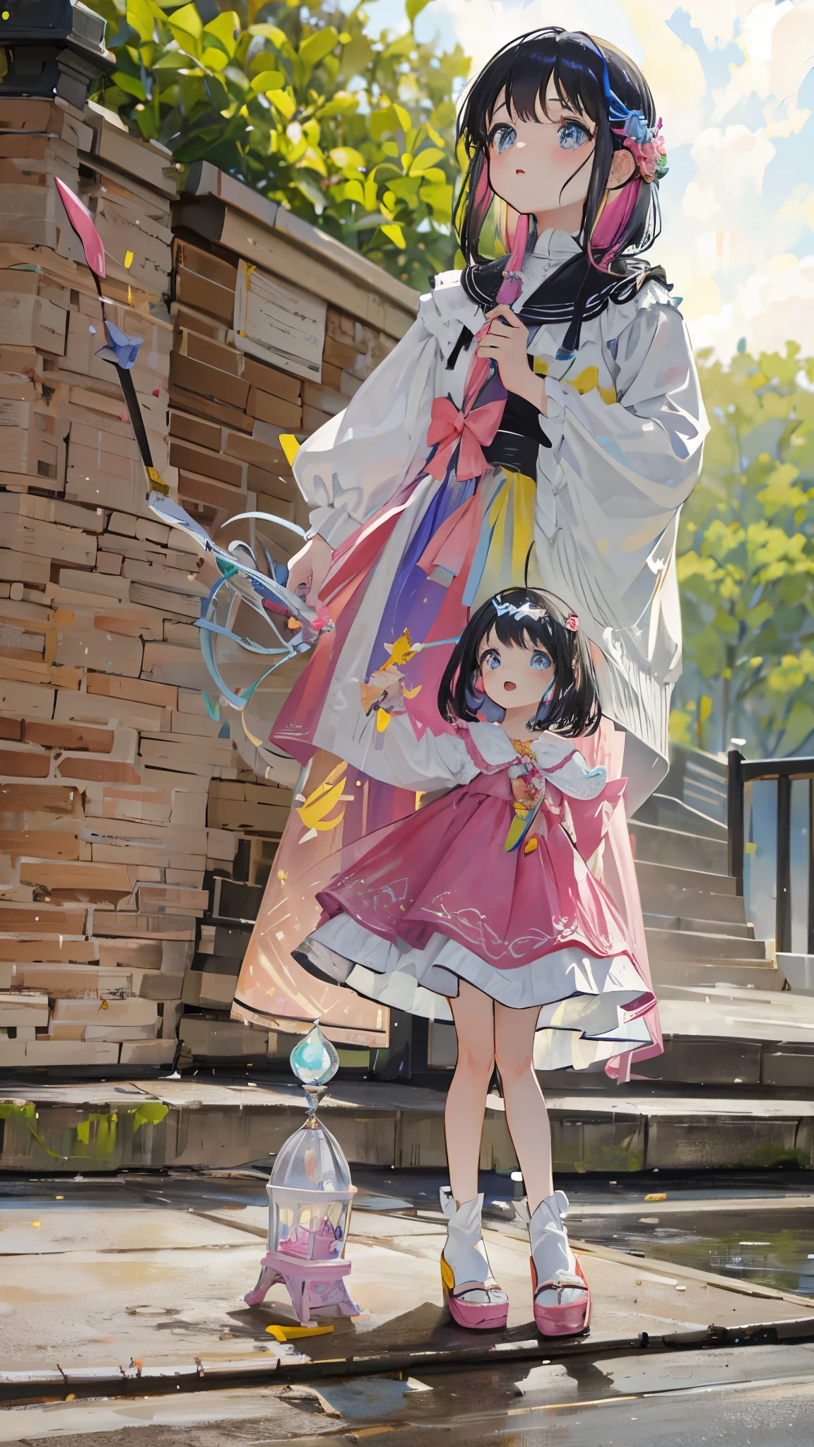 a six year old girl，Wearing a colorful princess dress，holding magic wand in hand，Looks very much like the picture above