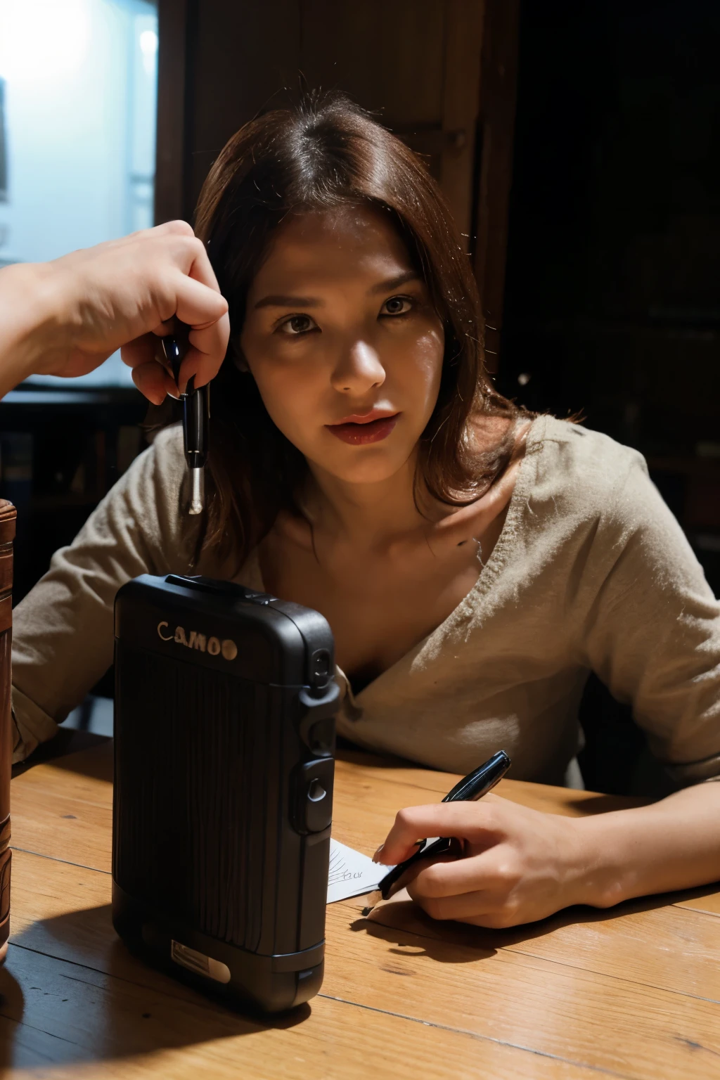 Male Journalist enter in horror house with copy pen and camera