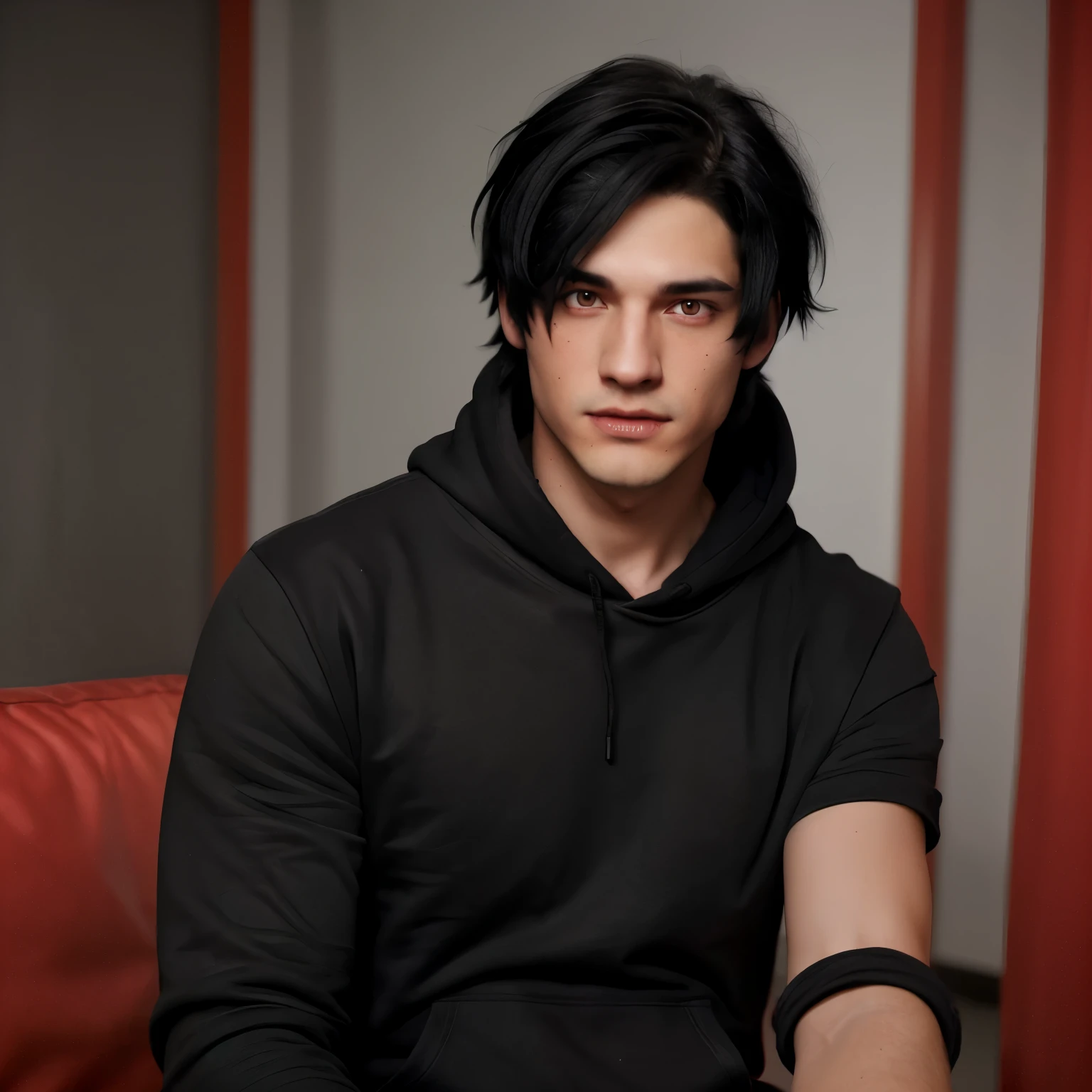 anim hot guy with black hair. black hoodie red eyes