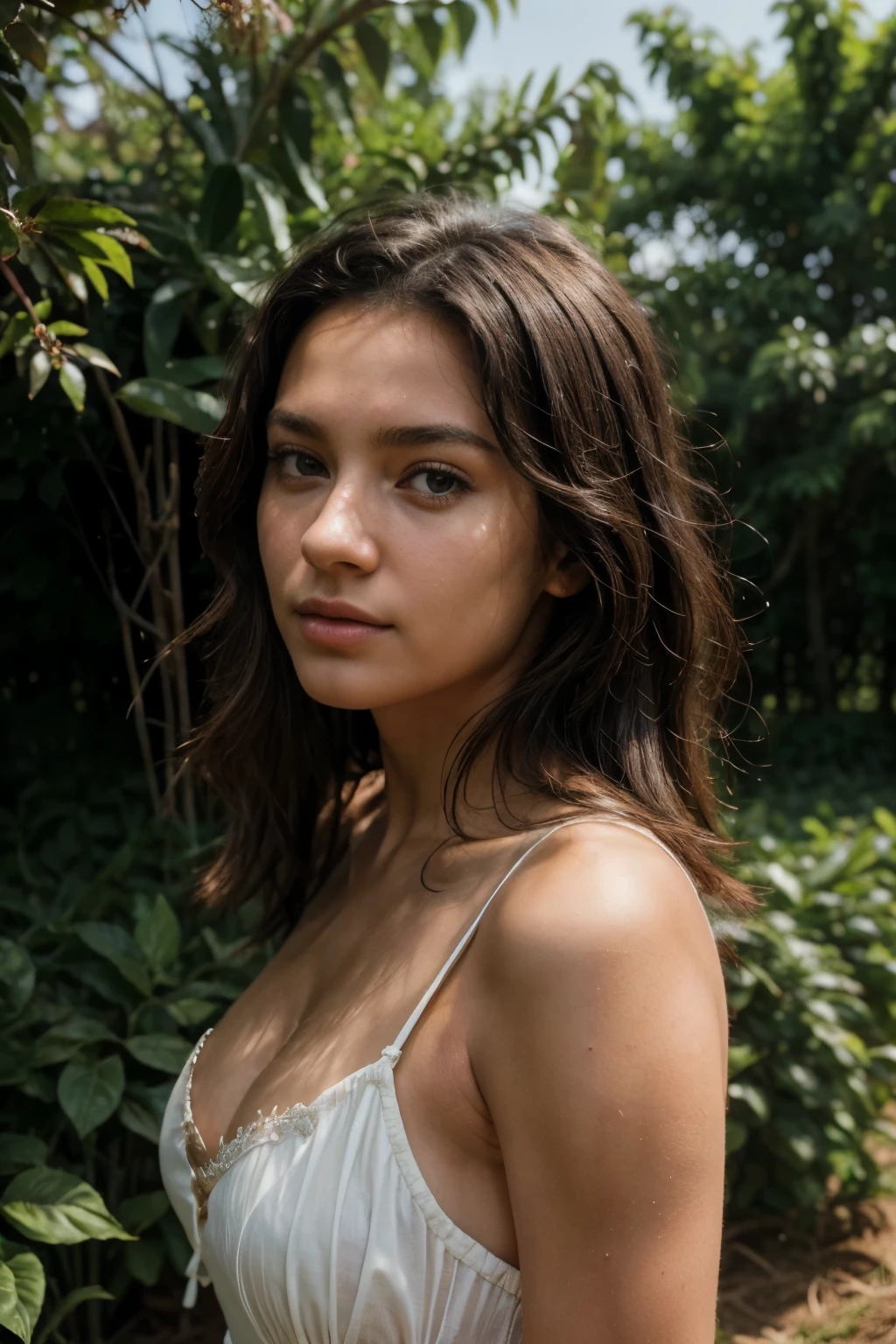 (Masterpiece, Top Quality, Best Quality, Beautiful and Aesthetic:1.2), Extremely Detailed, Photo of a woman, farming dress, vacation on the farm, happy, sunlight, 18 years old, Perfect Body, Perfect rare face, (very detailed skin), black colored hair, Skin texture, Sharp focus on rare face, Perfect brown eyes, (Photorealistic), Film grain, name Samira,