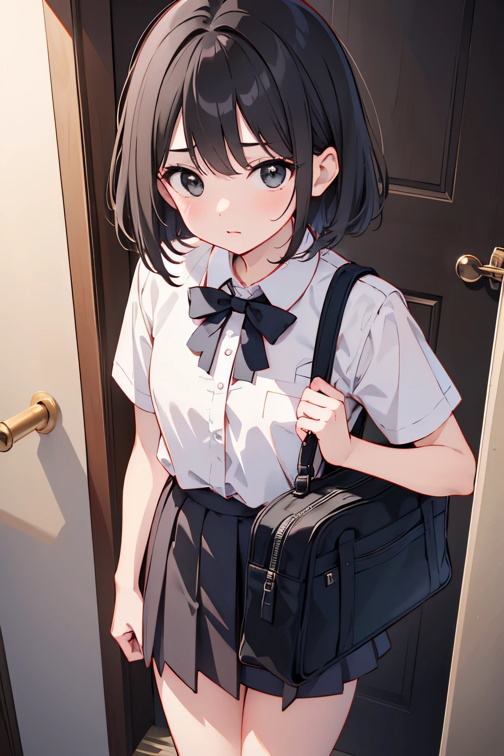 (master piece:1.2), (best Quality:1.2), (ultra detailed:1.2), (highres:1.2), 4k, 8k, from front, cowboy shot, look at viewer, beautiful detailed eyes, straight hair, short hair, black hair, (black eyes:1.2), small breasts, flat chest, , 14 years old, slim, srafukance, 1 schoolbag, short girl, from above