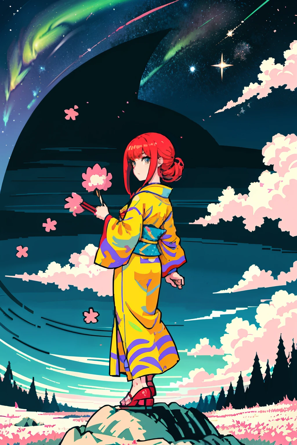 1girl, a distant girl with fiery hair gazing at the stars, (zoomed: 1.1), (meteor shower: 1.2), (comet: 1.1), your name, low angle, from behind, Northern Lights, shooting stars, yukata, red kimono, cherry blossoms, standing in the field, best quality, masterpiece, clouds, colorful, starry, stars.