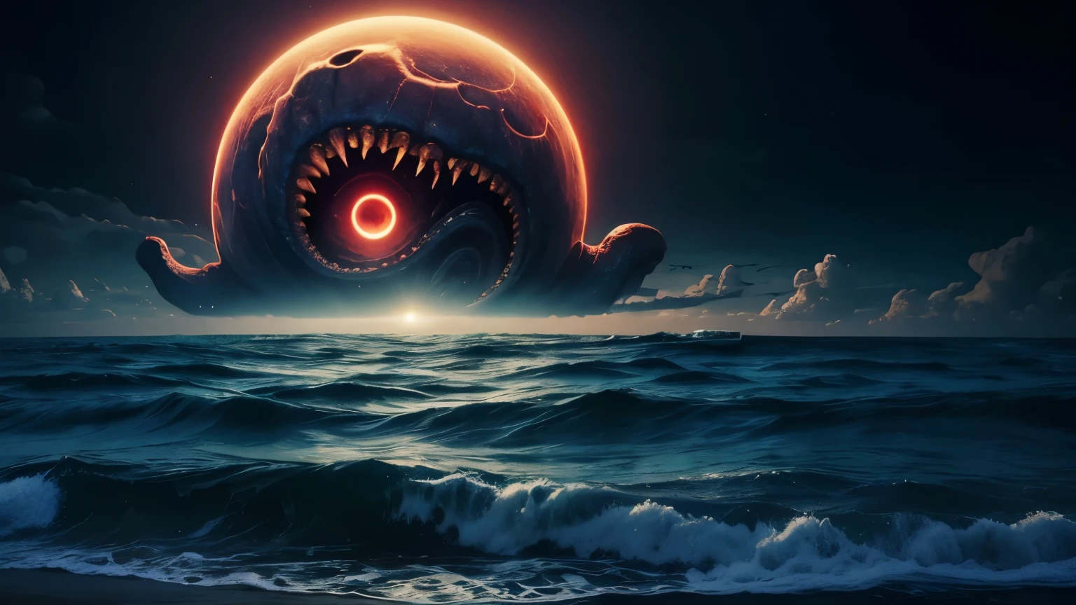 The scene depicts an ocean with soaring, sparkling waves under a sunset sky painted with intense shades of orange and pink, criando uma atmosfera estranha. Dark, ominous clouds hang over the horizon. In the midst of this ominous scenario, Um monstro sinistro e misterioso emerge das profundezas do oceano. Its colors are deep and dark, giving him a presence of foreboding. The monster's eyes emit a menacing glow, and long black tentacles extend around him, highlighting his terrifying appearance. in sky, um disco voador futurista e iluminado aparece de repente. Its metallic colors shine brightly against the dark sky, adding a touch of wonder and mystery to the scene. O disco voador parece pairar no ar, observando o monstro e os arredores. The overall ambience is eerily captivating, attracting you to this unique and imaginative setting. I hope you like the image description! If there's anything else you'd like to add or tweak, just let me know. I'm here to make this creative experience even more special. 🌅🌊👽🦑🛸