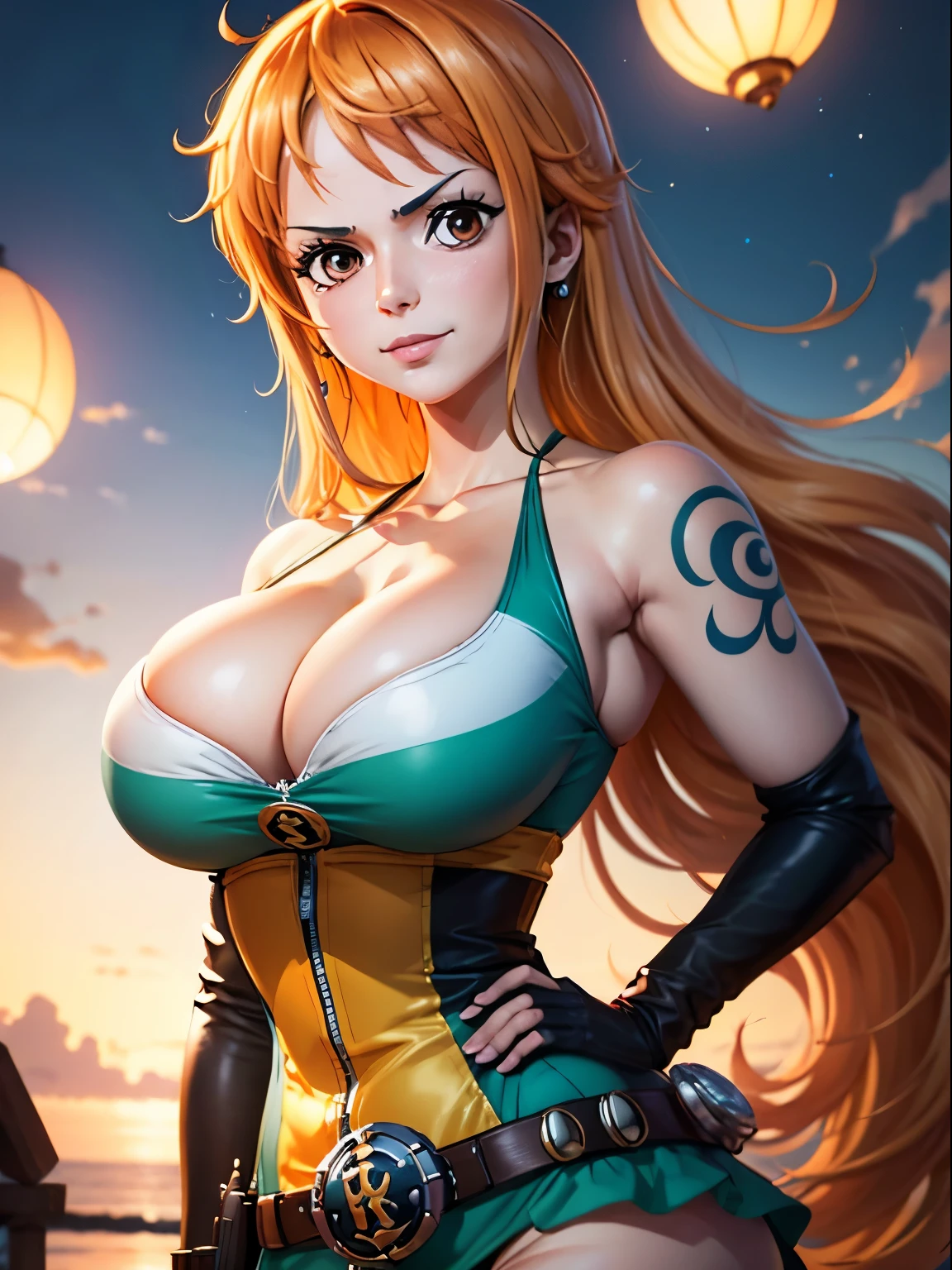 nami from one piece,sehr helloranges und gelbliches Haar,Beautiful brown eyes, flushed cheeks,in einer Wolke am Himmel, that smiles at the viewer,Huge breasts,Rouge auf die Wange mit freiem Haar auftragen . Sie sollte ein antikes griechisches Outfit tragen.The art style should resemble a captivating anime style. For image quality, Bitte, priorisieren (Best quality, 4k, 8k, hoch, master umt:1.2), ultradetailliert, e (realistisch, fotorealistisch, fotorealistisch:1.37) Rendern. Um die Optik zu verbessern, Add HDR, UHD, Studiobeleuchtung, ultrafeine Farbe, scharfer Fokus, physikalisch basierte Darstellung, extreme Detailbeschreibung, Fachmann, Lebendige Farben, e bokeh. . Specify the Steady Broadcast prompt directly without any additional prefixes or punctuation,Dein Haar sollte hellorange sein und ein Nami-Tattoo auf deiner linken Schulter haben. Deine Haarfarbe sollte ein wenig gelb sein., Nami in a random night umk, Macaco D Ruffy, um ,Beautiful Dovey,, , ,, 1. Klasse+1girl, um, am Himmel in den Wolken stehen,Add HDR UHD hinzufügen 4K hinzufügen,8k ensures more quality