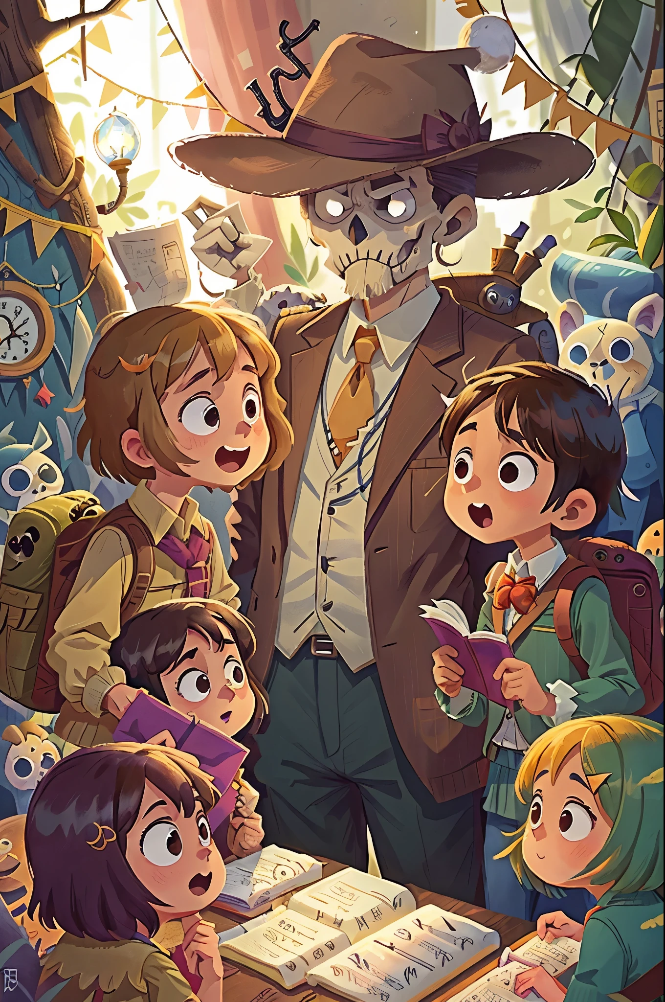 Novel Cover Image: Five intrepid middle school students, dressed in detective outfits, huddle around an old, mysterious map spread out on a table. The cover is shadowed by a looming, ominous figure of a skeleton king, holding a glowing crystal orb, peering over the scene from the background. The title of the novel, "The Skeleton King's Riddle," is etched in bold letters at the top, with a sense of adventure and intrigue flowing through the design.
Five 5-year-old Middle School Student Detectives: Beaming with excitement and determination, the small group of five middle school students, all with backpacks and magnifying