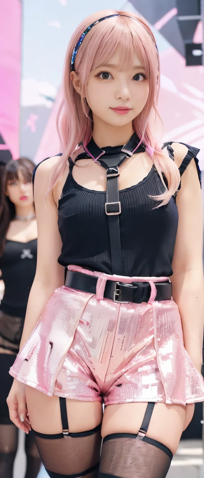 cyber idol girl、、pink sequin tight shorts、、、good style、cutely standing upright、whole body、、neat face、Skull Buckle Belt、、Fishnet tights、Pink Blonde Hair