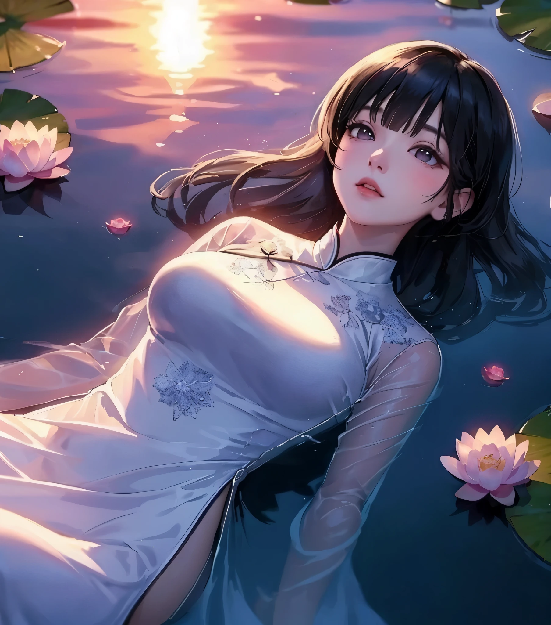 1lady solo, (from above), ((floating on her back) on pond) (in water:0.8), (looking up at sky), white (Ao dai) stylish, mature female, /(black hair/), (melancholic expression:0.6) (light blush:0.7), (masterpiece best quality:1.2) delicate illustration ultra-detailed, medium breasts BREAK (clear pond) outdoors, (water surface) ripples, (lotus leaves and flower), (at dusk), detailed background