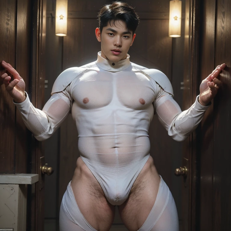 (masutepiece,High resolution,ultra - detailed:1.0),1(Boy ,robot boy ),Perfect male body,Look at the camera,Delicate eyes and delicate face,extremely details CG,Unity 8k壁纸,intricate-detail,solo person,Detailed face, ( extreme tight skin-perfect white bodysuit), (extremely small size bodysuit squeeze out the side belly),Best Quality, hands visible, Beautiful and delicate blue short hair:1.5 , full length shot(fls) , big thighs , big fat hips , insane details, hyper details , photorealistic , only male , handsome boy , fat buttock , puffy nipples , 16k resolution , ultra-high clarity , hyperrealism, uhd,. K-pop idol , whore , slutty whore , swollen nipples , defeat , grins ,thick thighs, thick fat booty. Fat buttocks , male , gluteal fold , buttocks lift , (bare thighs ) , (bare chest ) , ( thick bottom ) , realism , hyper realistic , photorealistic , ( thick hips ). , standing , 2 hands up behind head , super tight , super handsome boy , male , gynecomastia , fatty hips