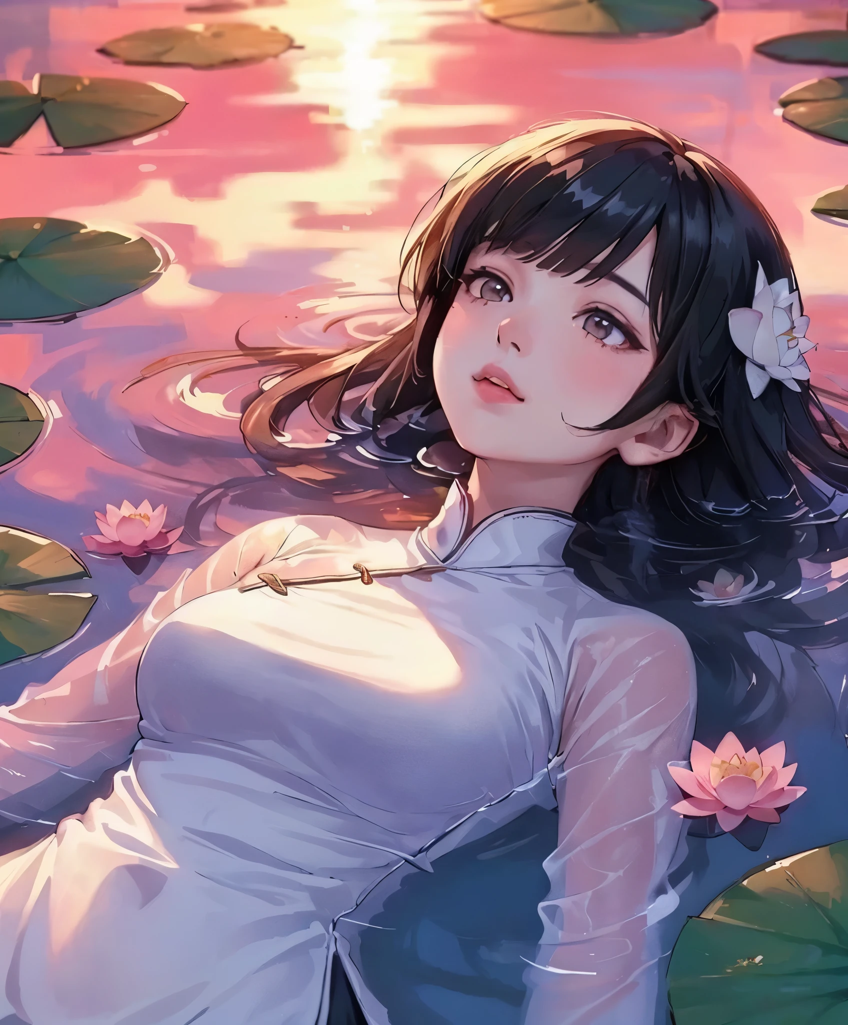 1lady solo, (from above), ((floating on her back) on pond) (in water:0.8), (looking up at sky), white (Ao dai) stylish, mature female, /(black hair/), (melancholic expression:0.6) (light blush:0.7), (masterpiece best quality:1.2) delicate illustration ultra-detailed, medium breasts BREAK (clear pond) outdoors, (water surface) ripples, (lotus leaves and flower), (at dusk), detailed background