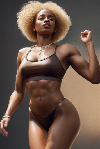 1 black girl, Afro-descendant, Amazon, extremely strong, tanned body, sweat running down her body, sensual pose, red lips, beautiful body 19 years old, Alone, long blonde hair, Colossal, blonde hair, Bare shoulders, brown eyes, leather clothing tight showing body lines, jewelry, full body, a necklace, realistic, a sexy woman, attention to detail