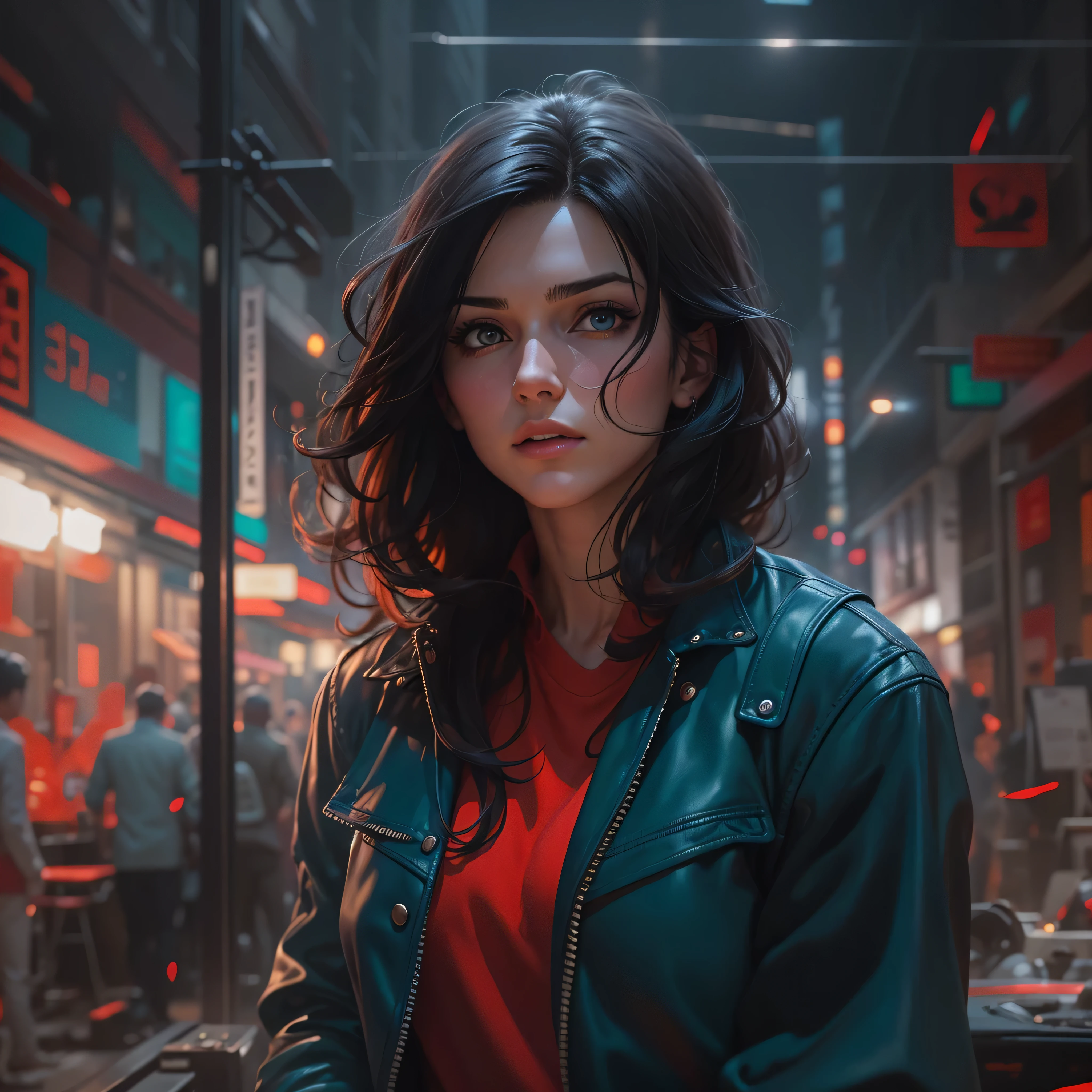 photo of (gmazzeo), (a woman wearing a red jacket), (extremely detailed CG unit of 8k wallpaper), photo of the most beautiful artwork in the world, majestic professional oil painting by Ed Blinkey, Atey Ghailan, Studio Ghibli, by Jeremy Mann, Greg Manchess, Antonio Moro, trend at ArtStation, trend at CGSociety, Intricate, High Detail, Sharp, dramatic focus, photorealistic painting art by midjourney and greg rutkowski, (black leather band), ((film premiere gala)), (((black shirt))), (detailed eyes:1.2), (wearing blue jeans), photo-realistic, octane render, unreal engine, ultra-realistic