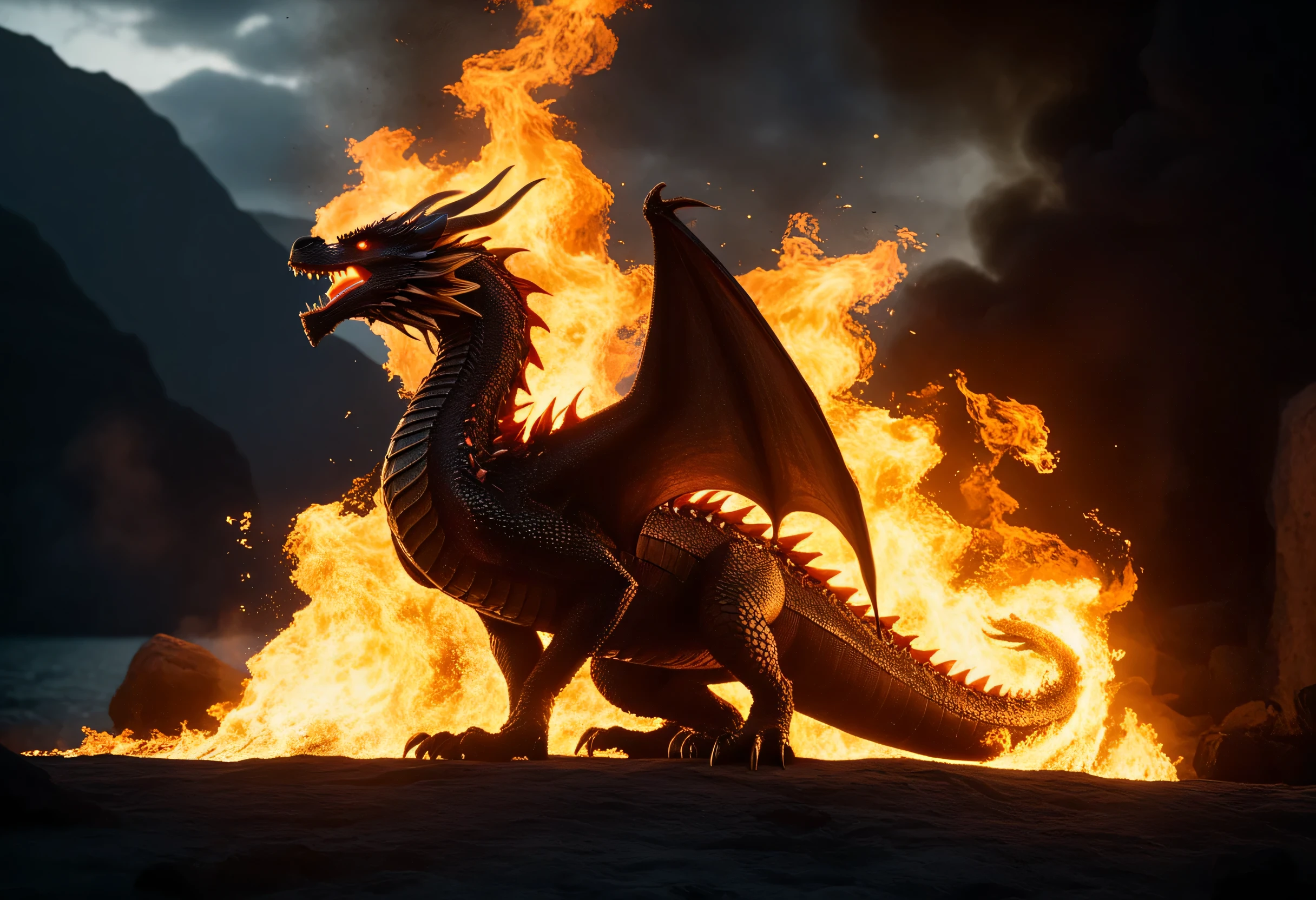 Photo of (fire:0.6) that looks like (a dragon:0.5), cinematic, movie still, dramatic lighting, keylighting